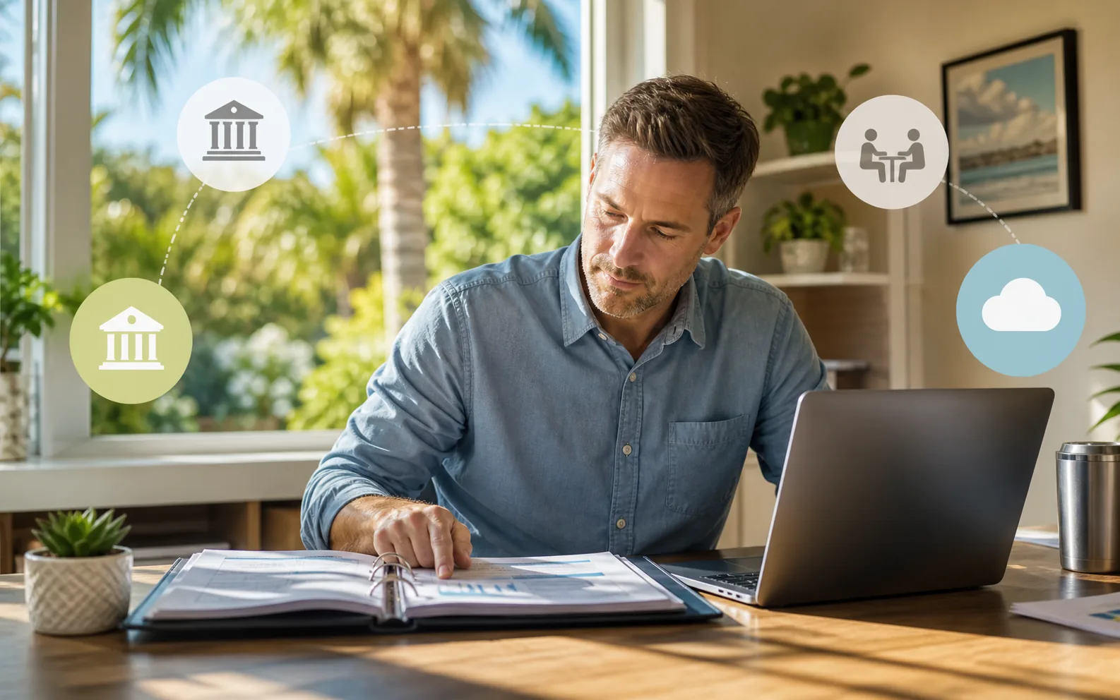 Central Florida business owner consulting a neatly organized cybersecurity resource binder
