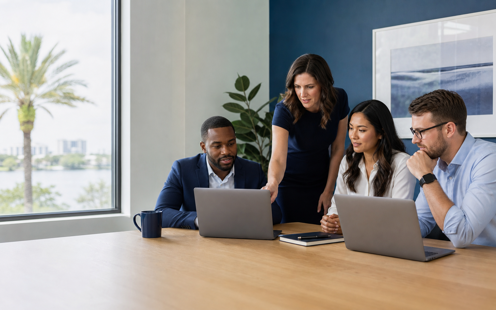 Office managers reviewing a calm, organized technology operations plan in a bright Central Florida workspace