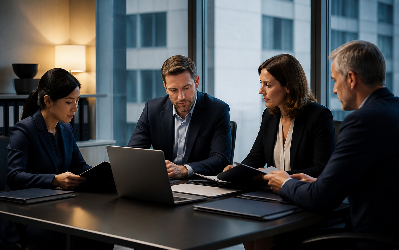 Professional office team reviewing confidential records and security procedures in a private meeting