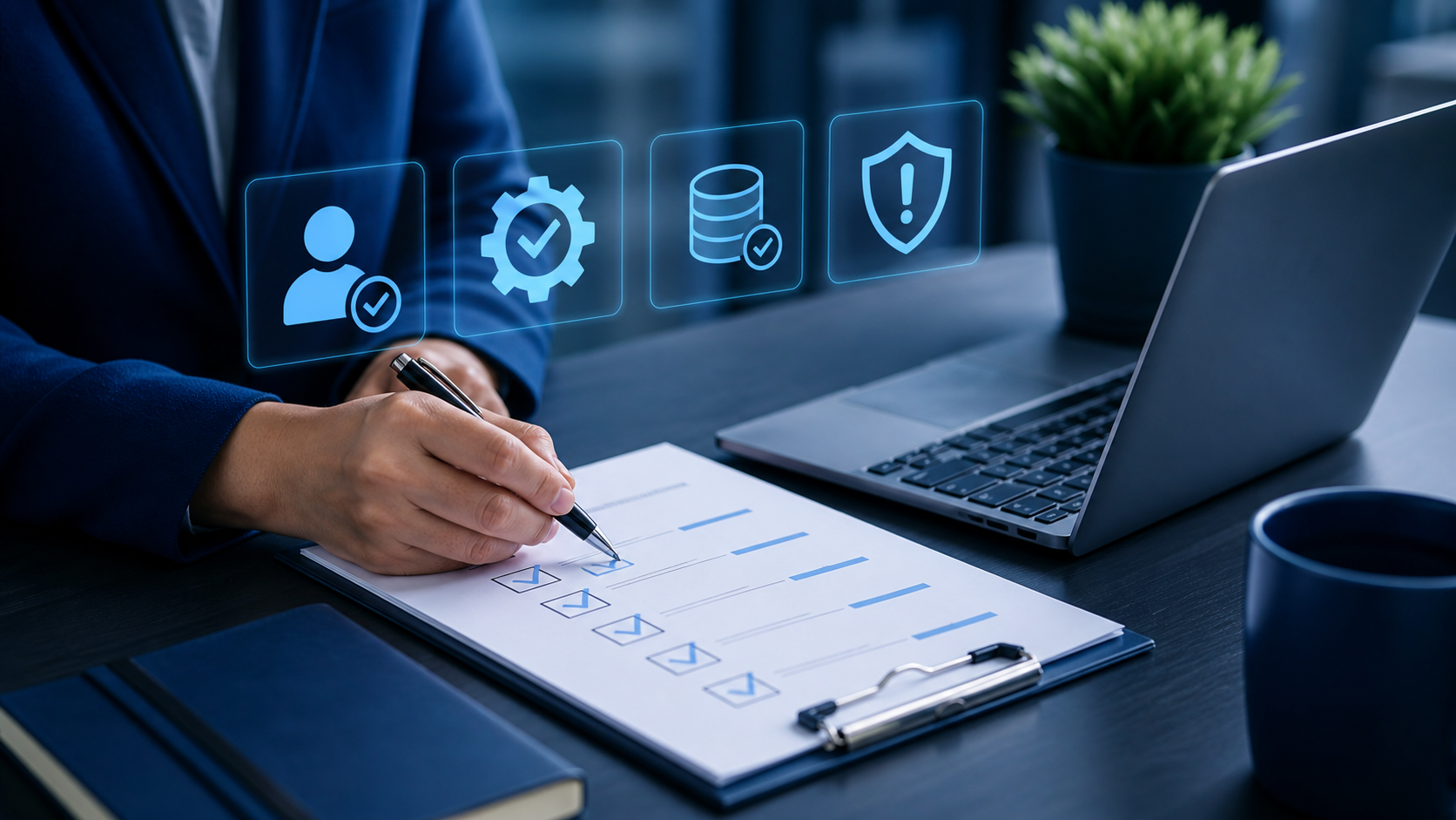 Printed cybersecurity checklist being completed by an office manager at a desk