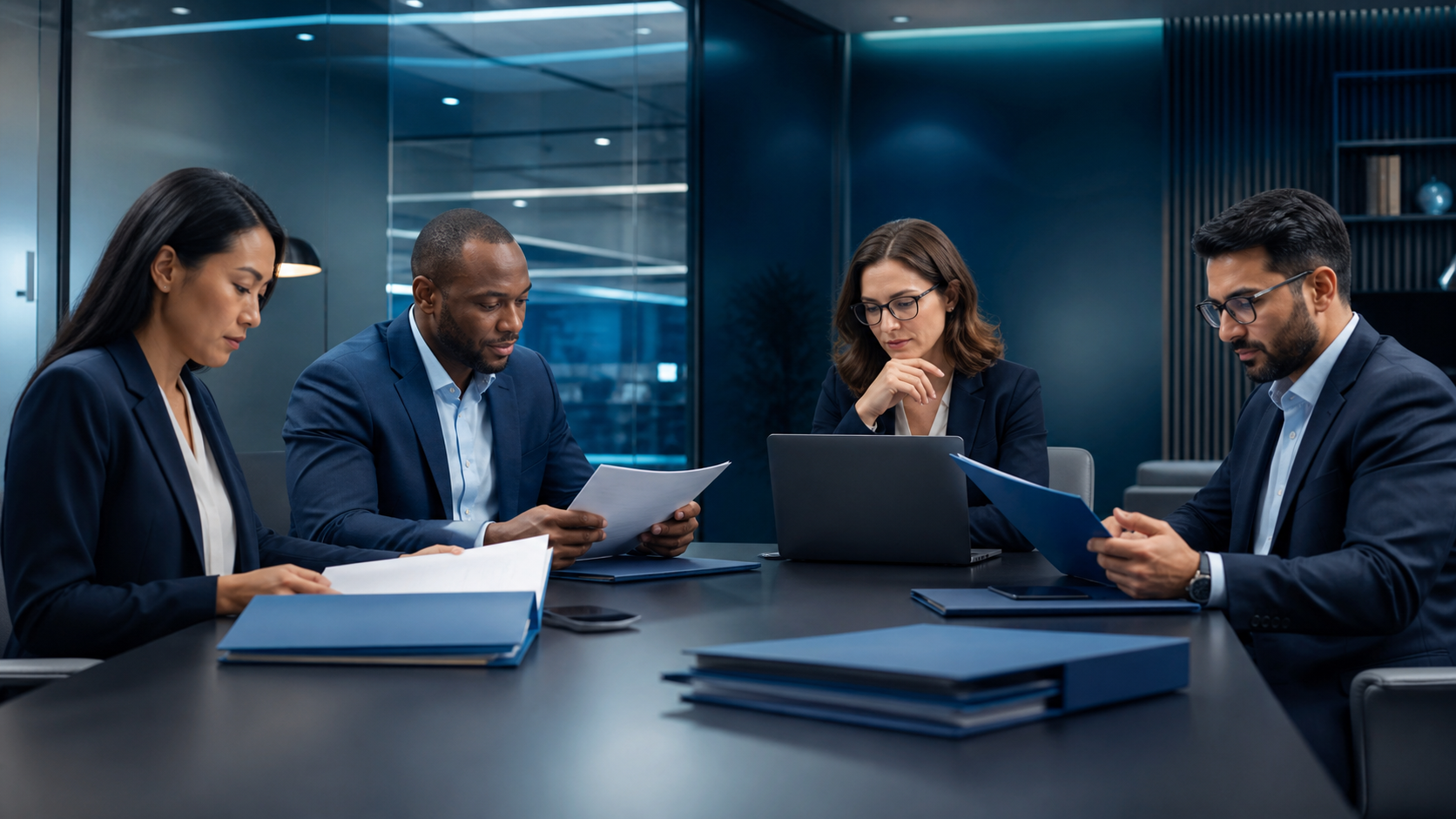 Professional office team reviewing privacy and security documentation in a meeting