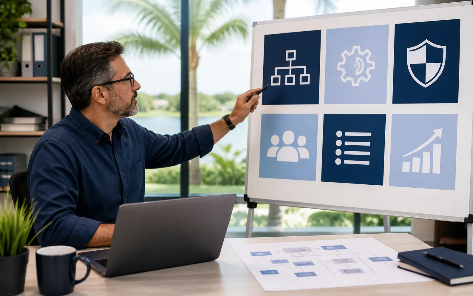 A bright Central Florida office workspace with a manager reviewing a simple cybersecurity planning board beside a laptop and printed process map