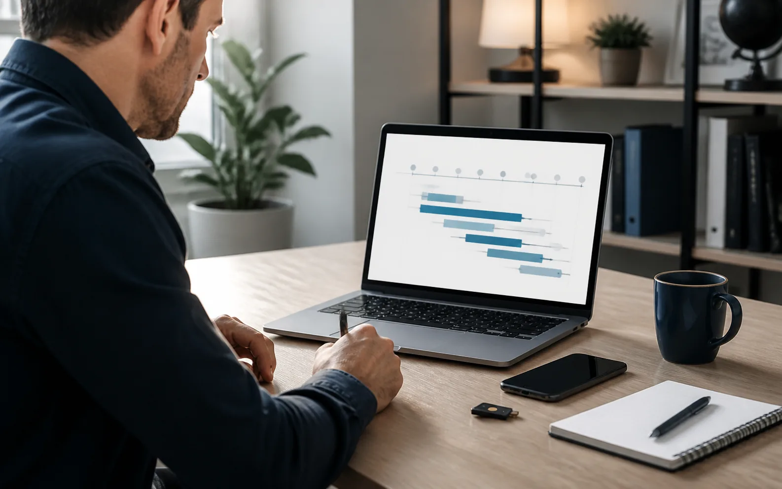 A business owner reviewing an identity migration timeline and authentication methods on a laptop