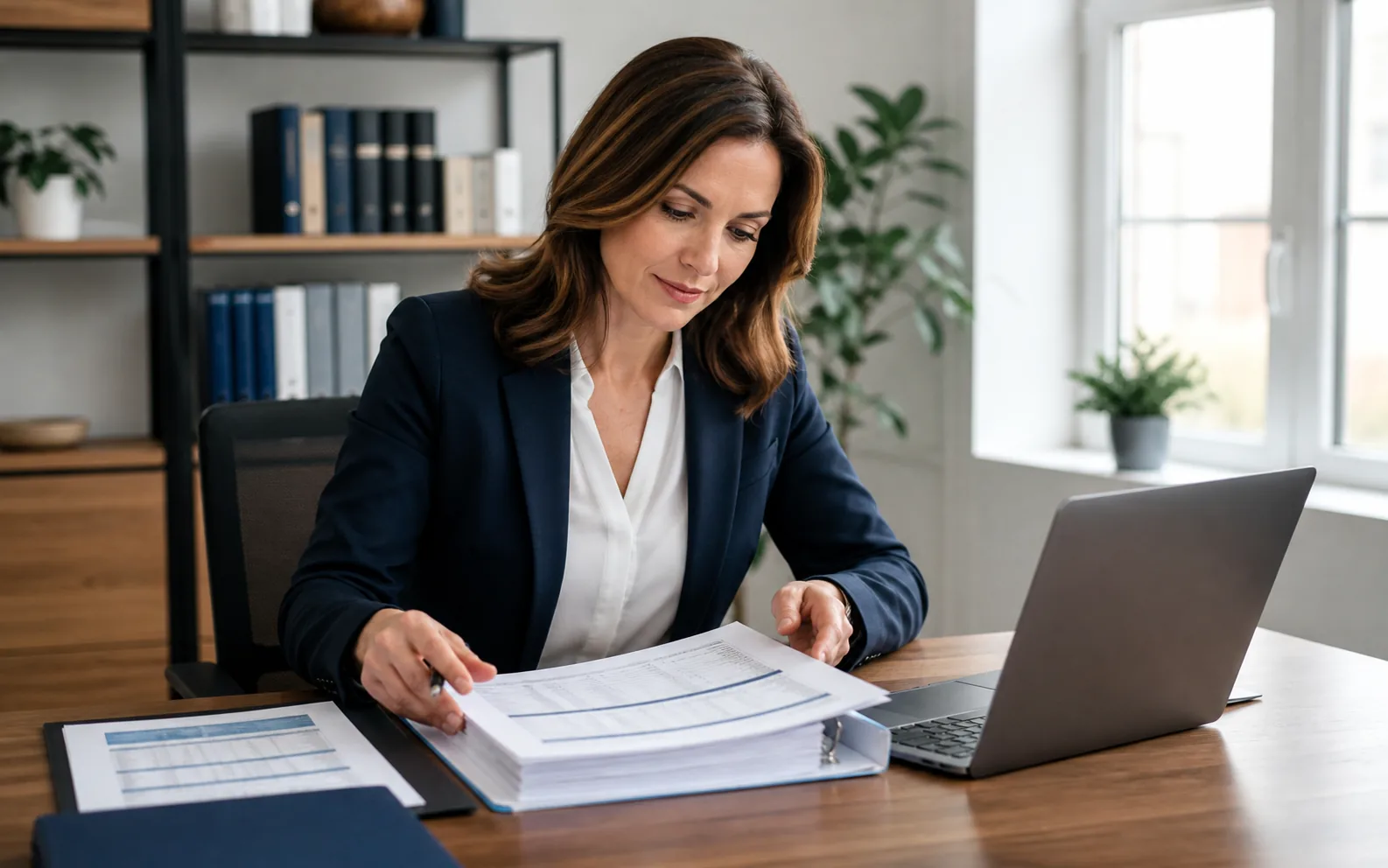 A professional office manager organizing a confidential security and compliance record beside a laptop