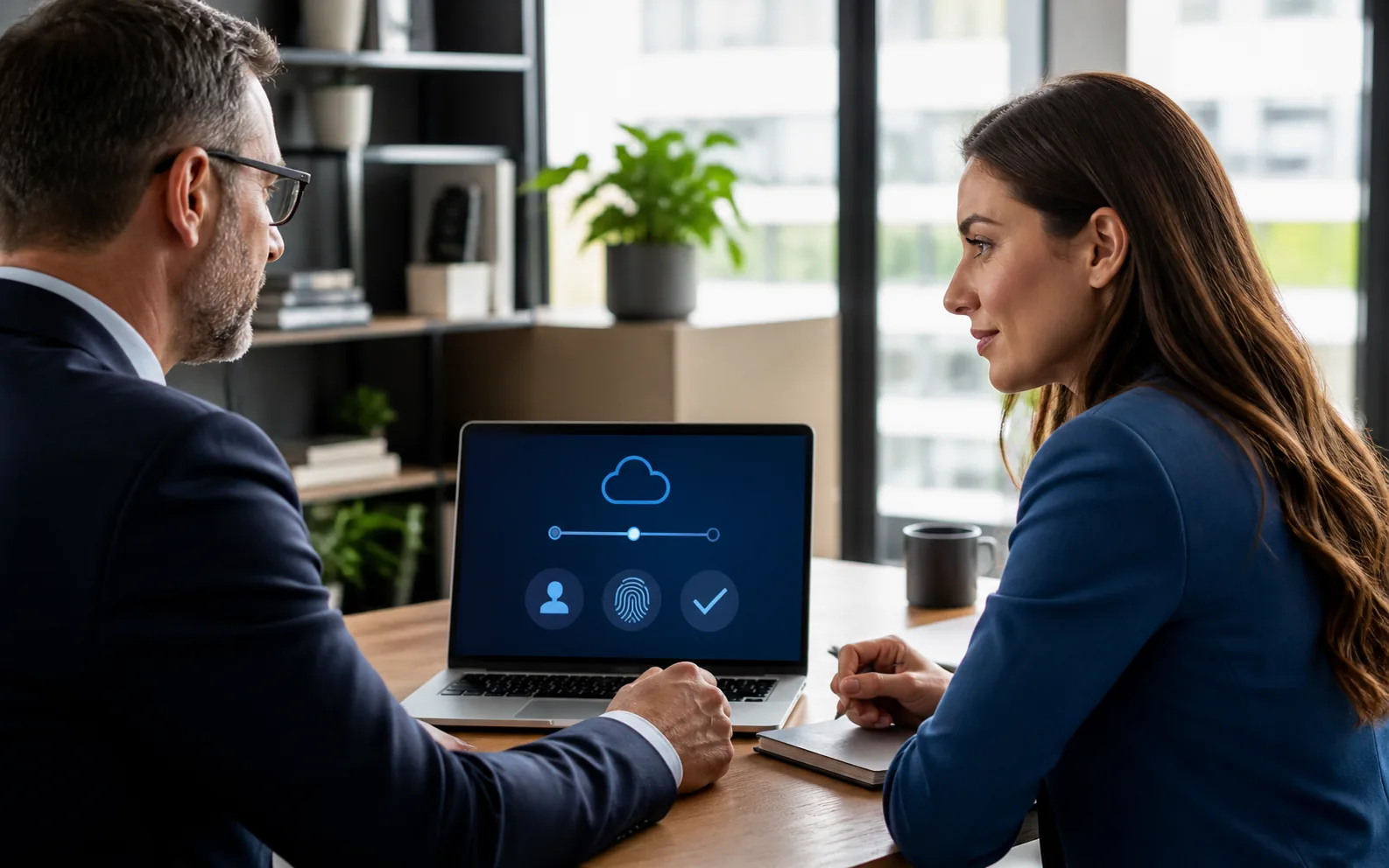 An office manager guiding a worker through secure Microsoft 365 sign-in enrollment on a laptop