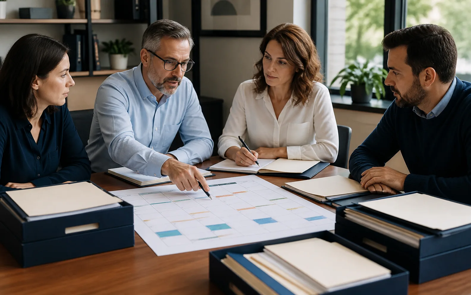 Professional office team reviewing a recurring security and compliance calendar with organized records