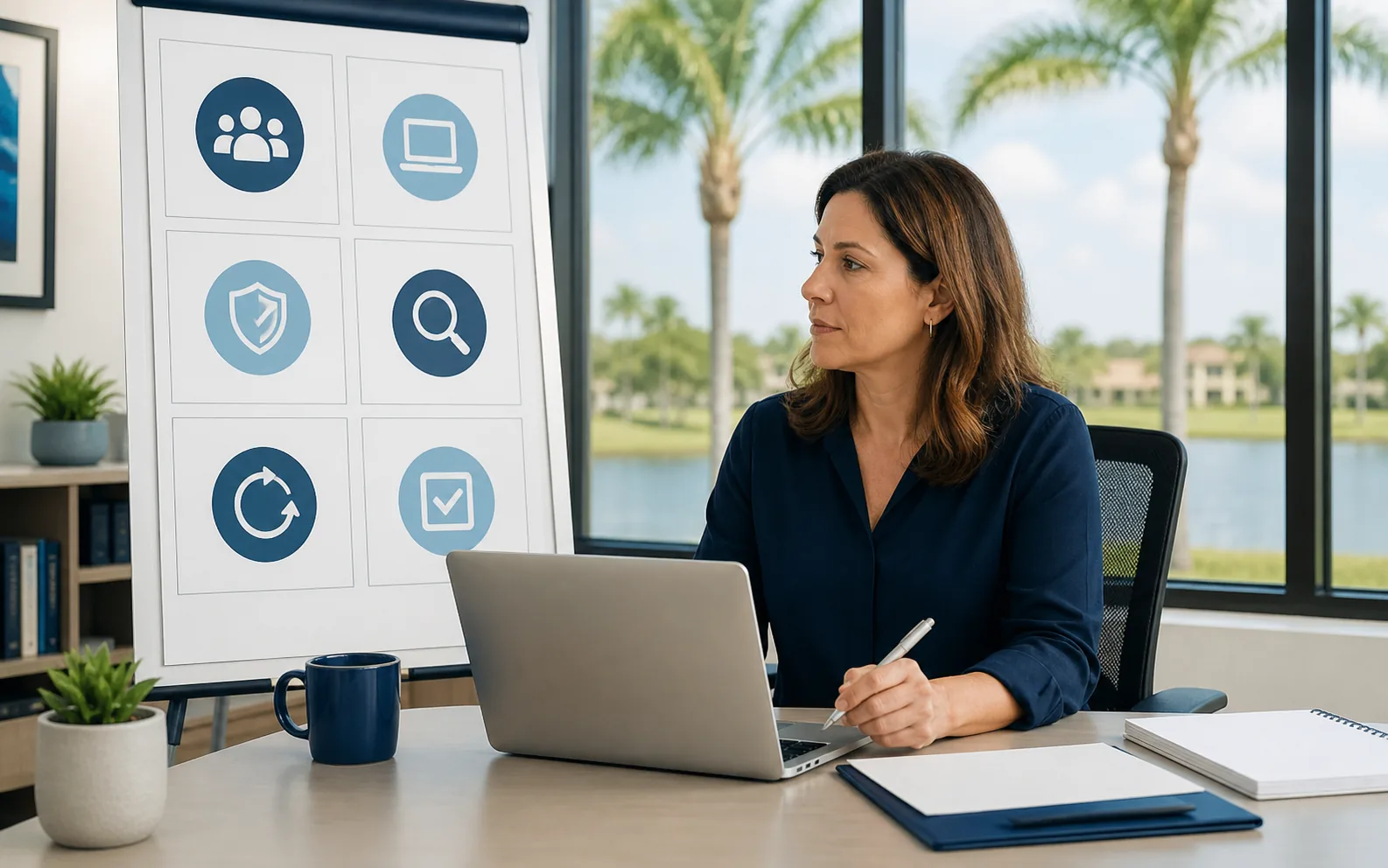 Office manager reviewing a clear cybersecurity planning board with system categories and action dates