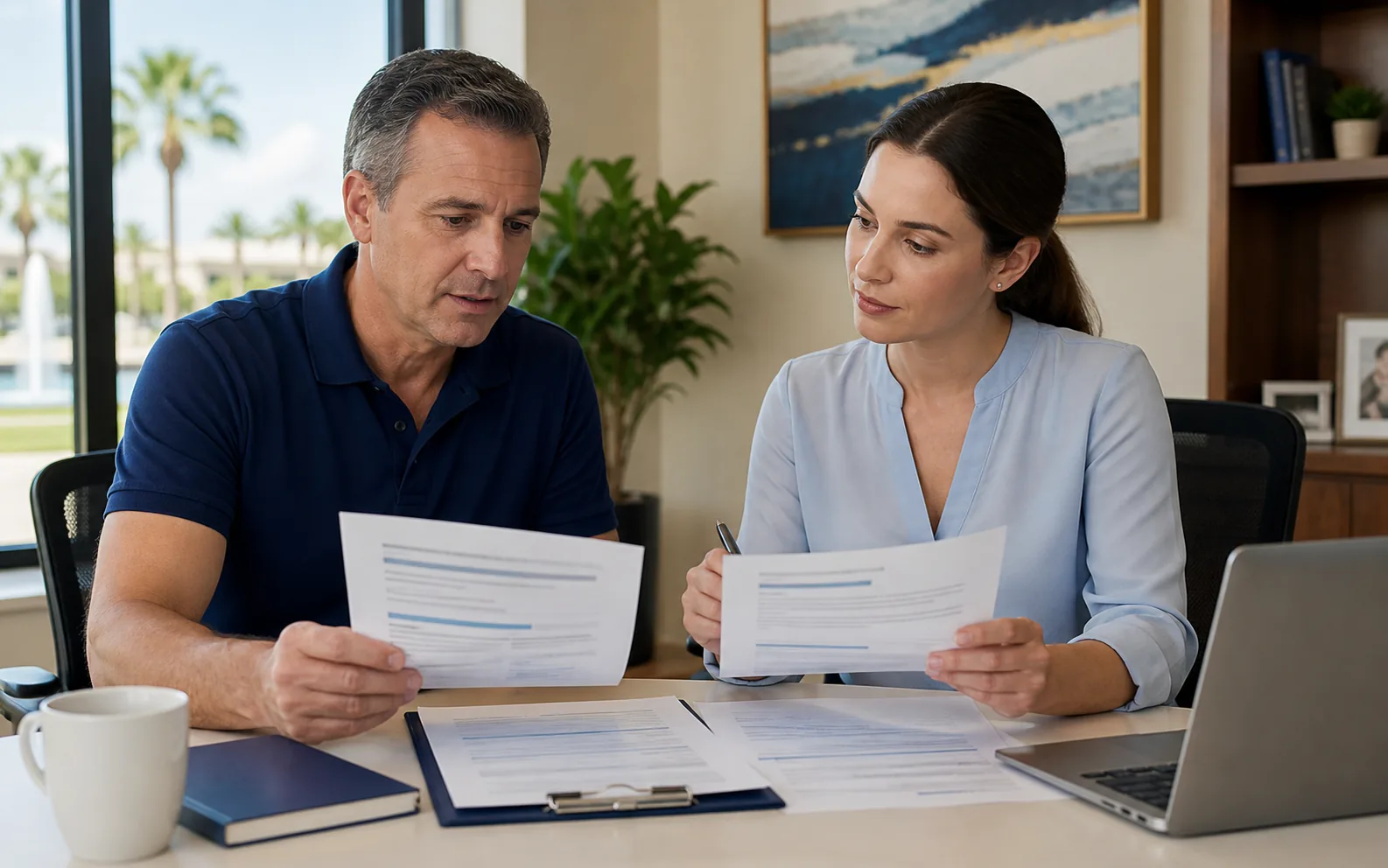 Business owner comparing cybersecurity resources and provider questions at a Central Florida office desk