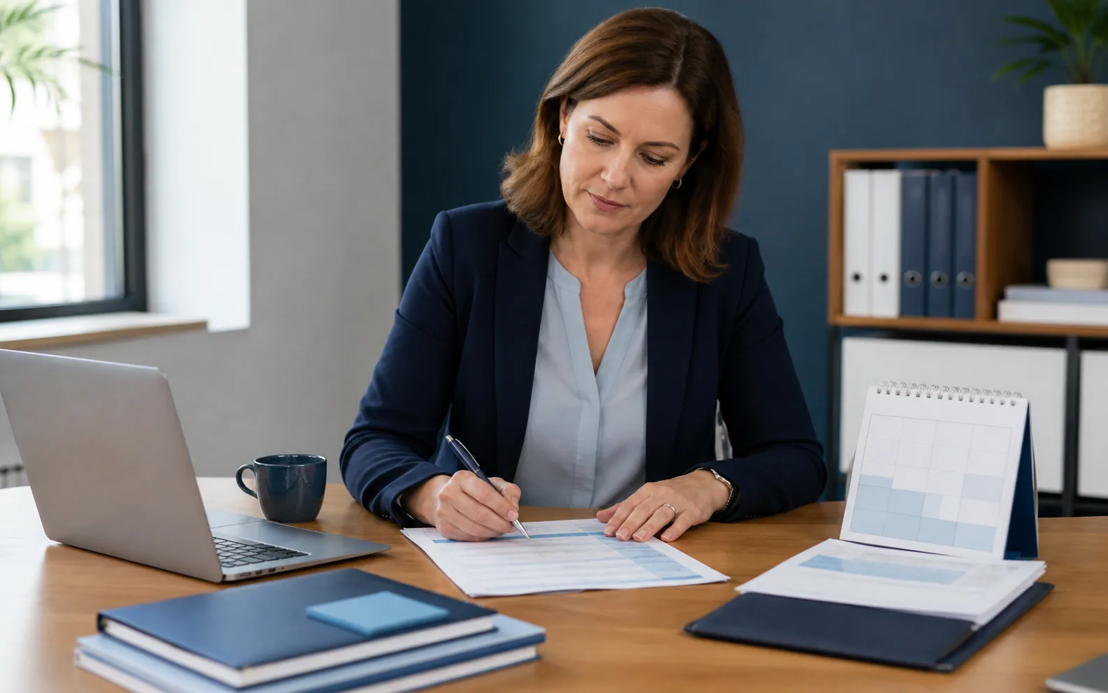Office manager completing a concise cybersecurity triage worksheet beside a laptop and business records