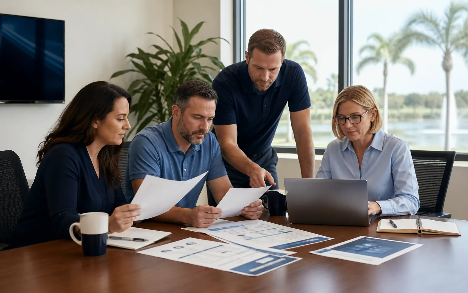 Small-office response team reviewing a printed ransomware recovery runbook and continuity priorities