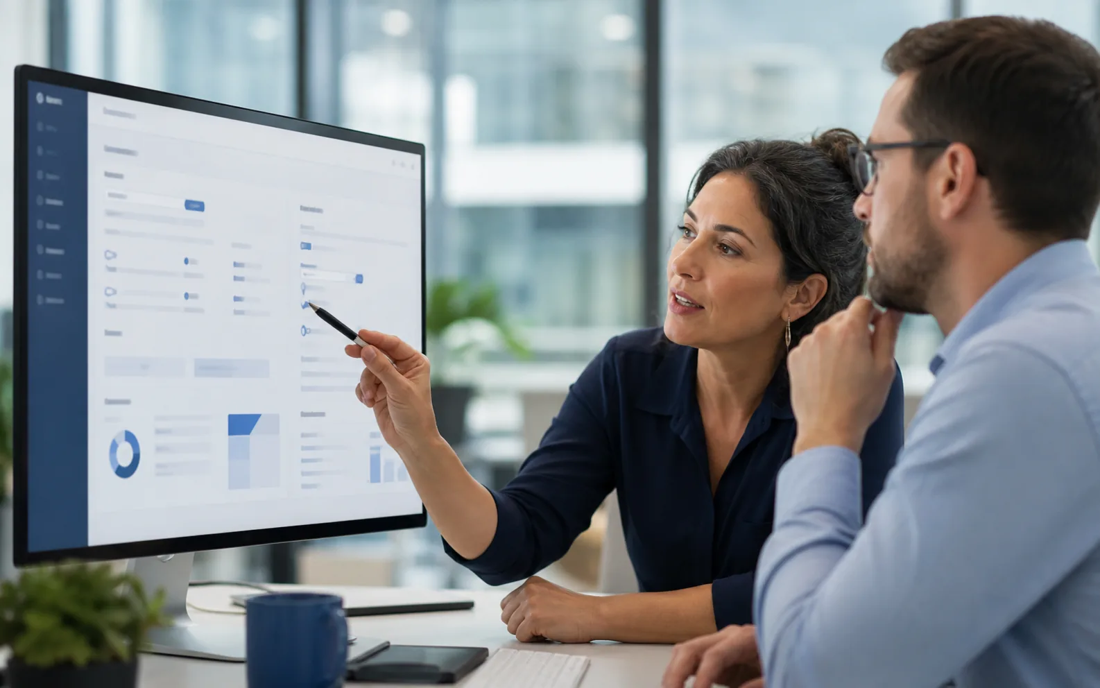 Office manager reviewing Microsoft 365 identity access policies on a monitor with a second administrator nearby