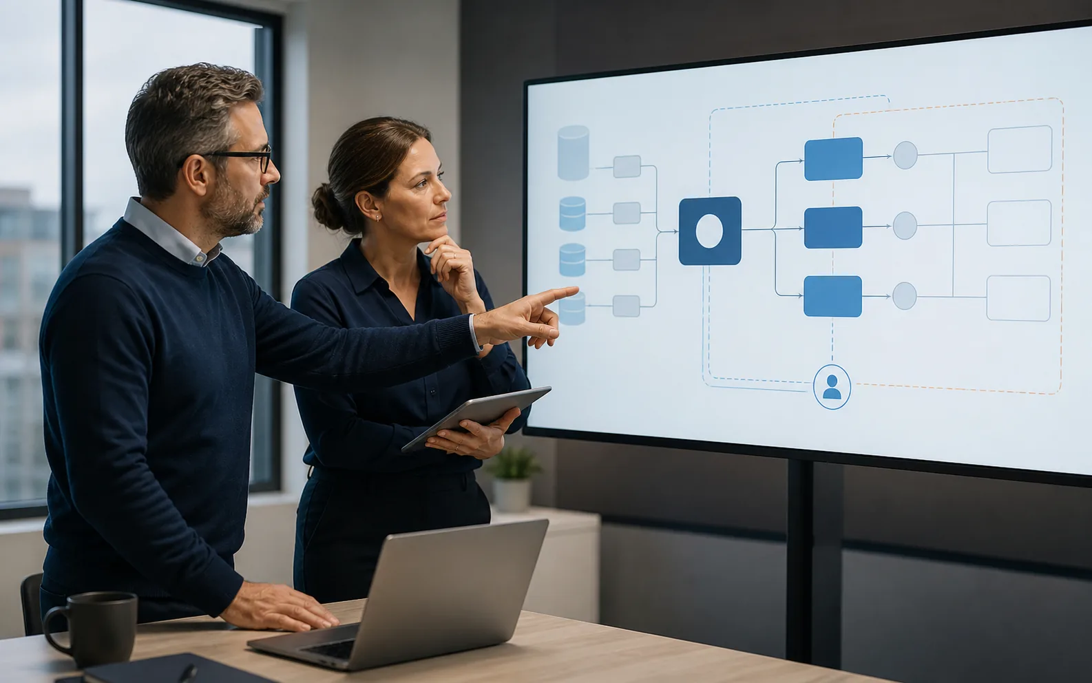 Office manager reviewing an AI workflow approval sheet with access boundaries and human approval points