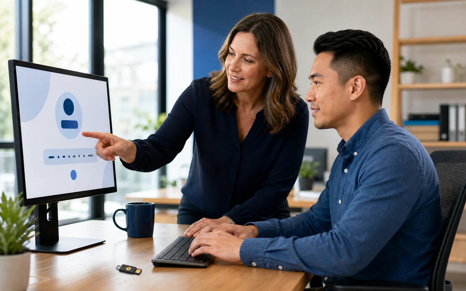 Office manager helping an employee enroll a secure sign-in method on a modern workstation