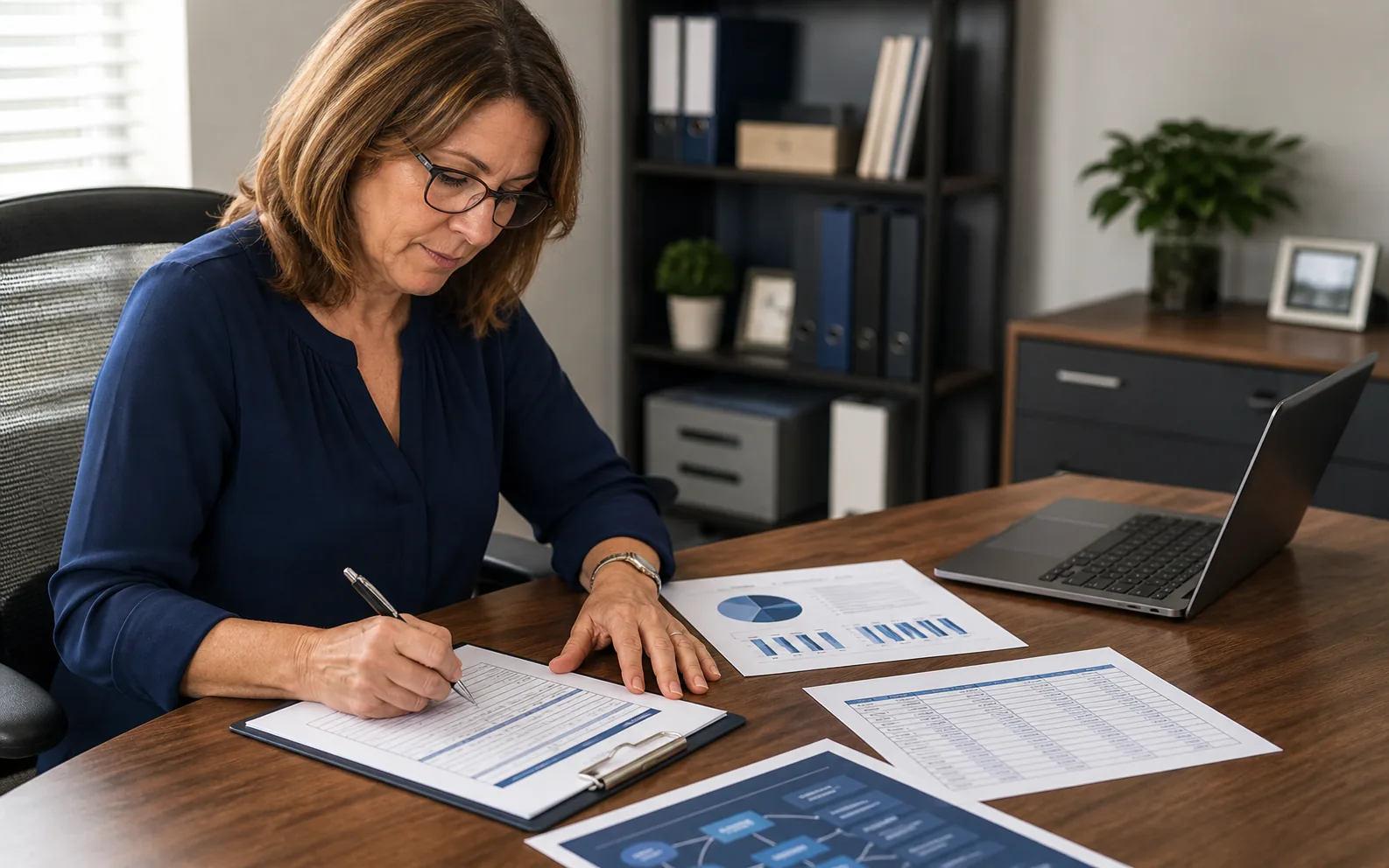 Office manager completing a practical cybersecurity worksheet beside a laptop and vendor contact list