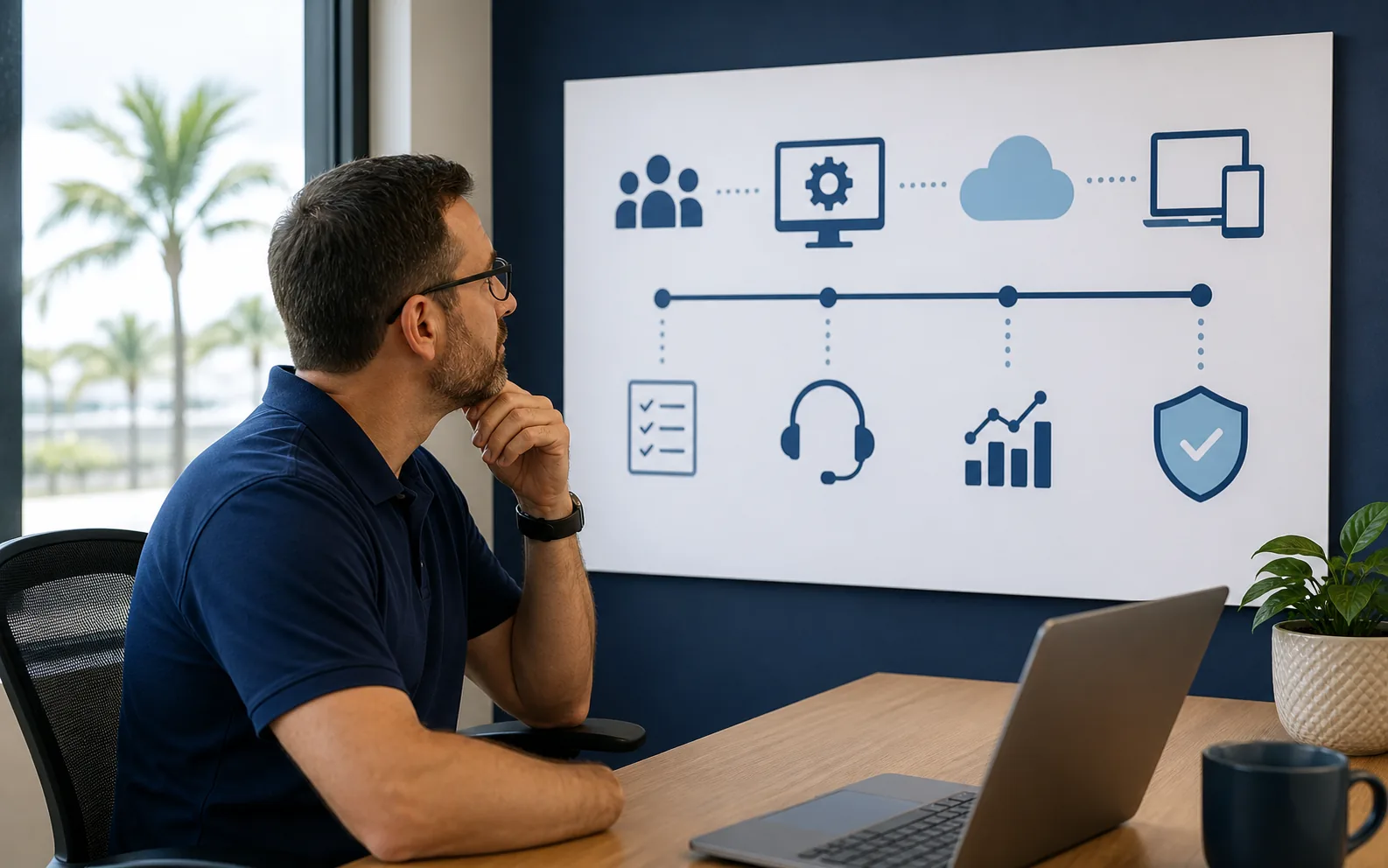 Office manager reviewing a simple cybersecurity planning board with service, access, backup, and response notes