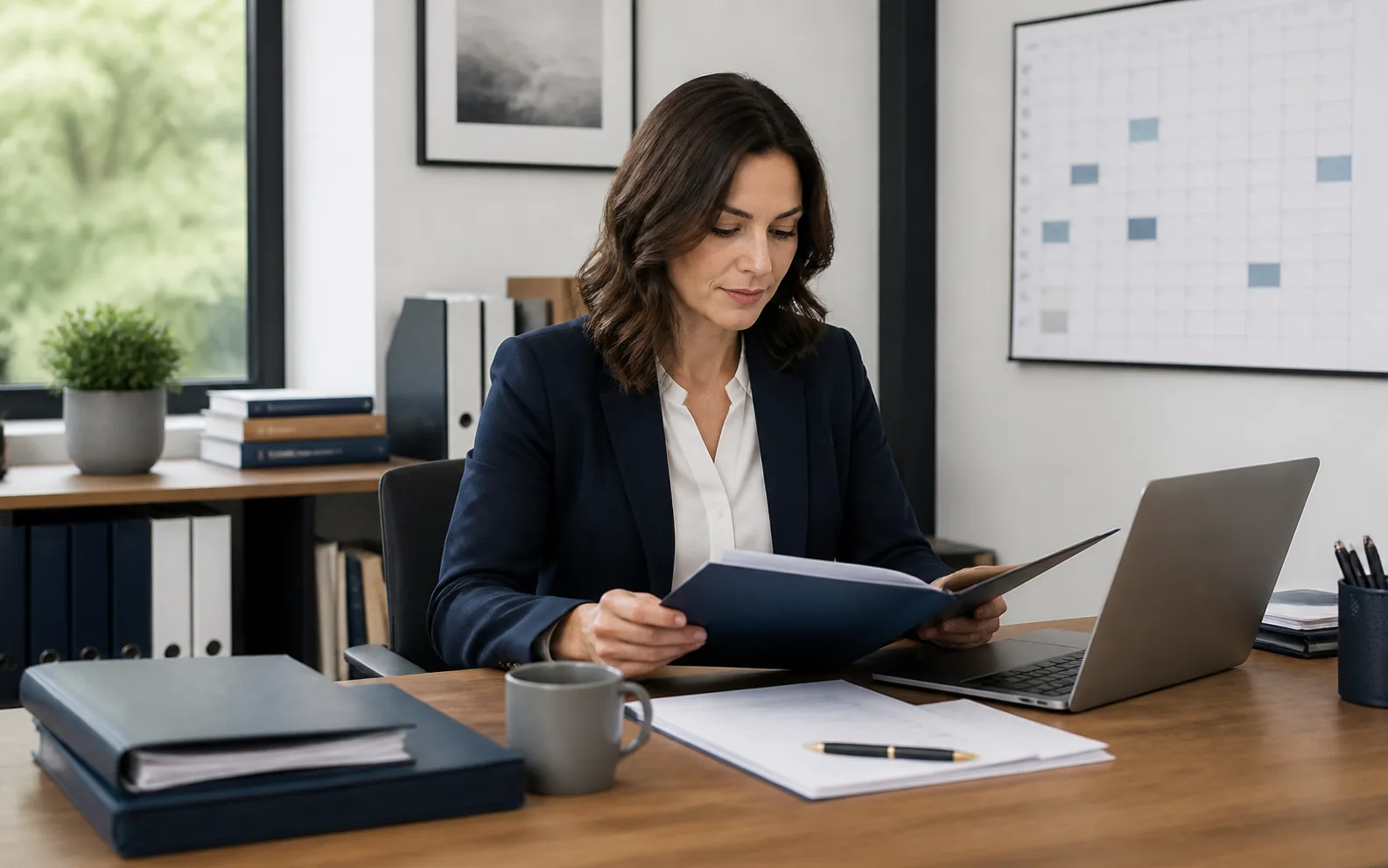 Professional office manager organizing a discreet security and compliance evidence process