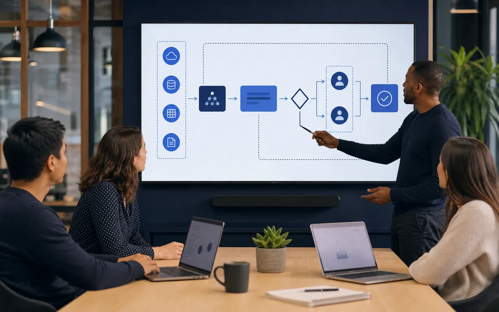 Office team reviewing an AI workflow diagram with data sources, approvals, and access boundaries