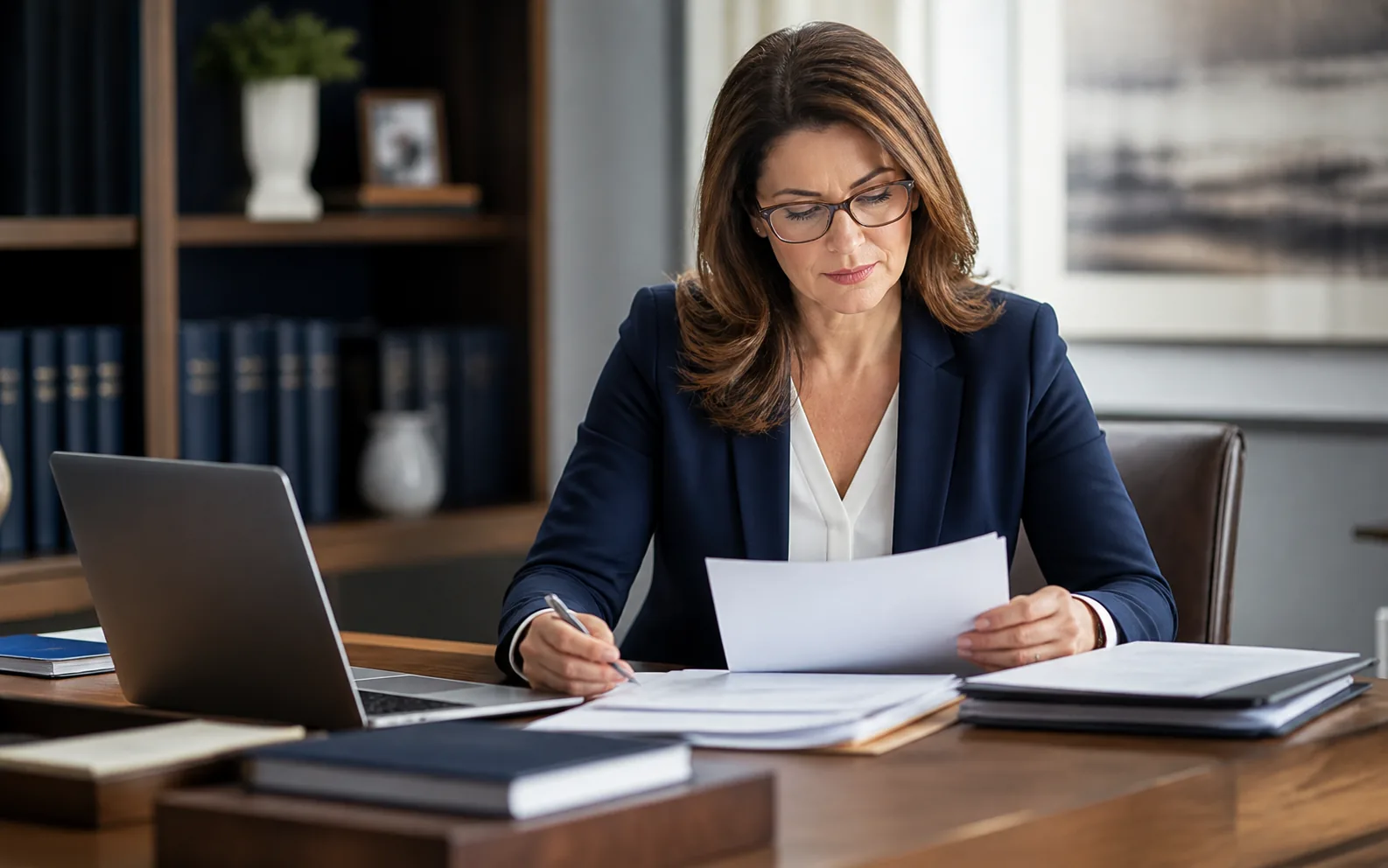 Professional office manager reviewing confidential-information procedures and vendor records at a desk