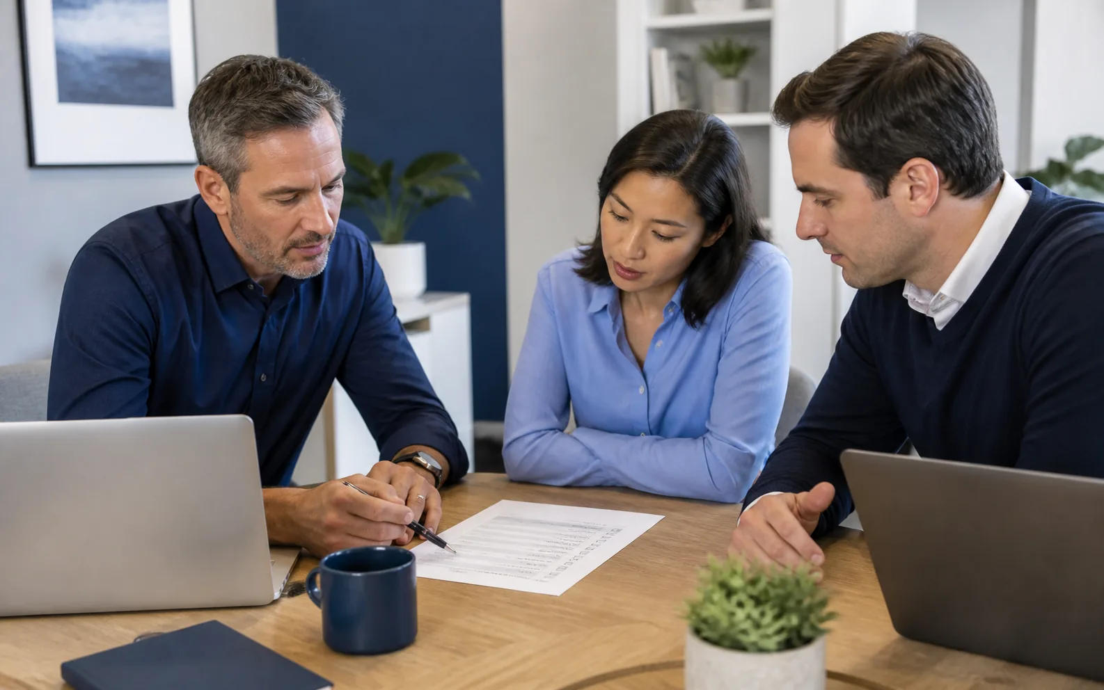 Small office team using a printed cybersecurity checklist during a calm technology review