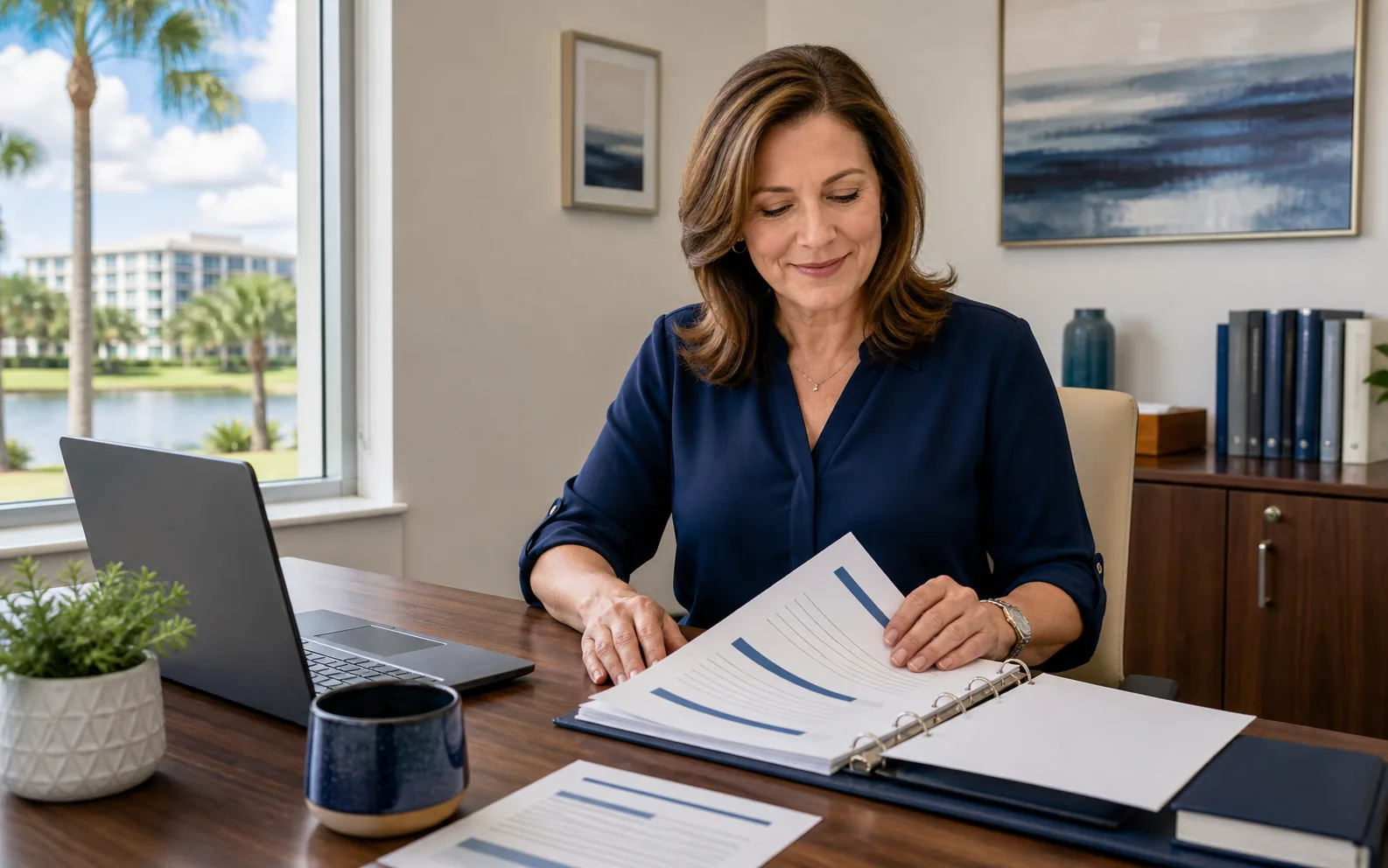 Central Florida office manager organizing a binder of trusted cybersecurity resources and vendor contacts