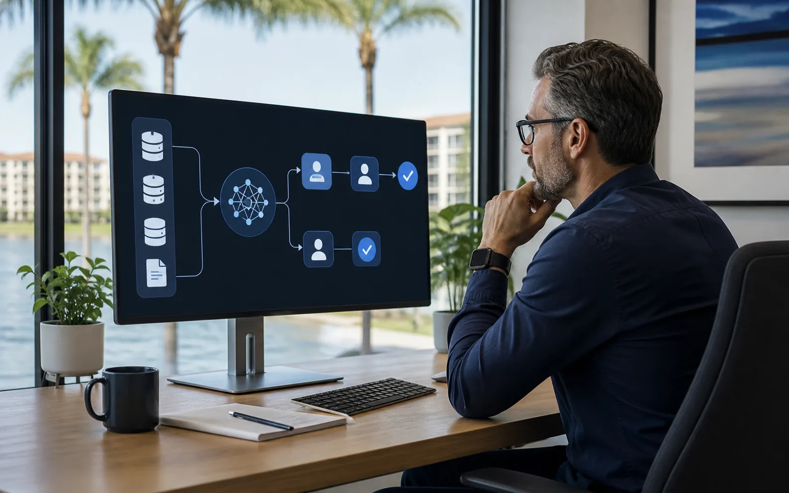 Office manager reviewing an AI workflow diagram with clearly separated data sources and approval steps
