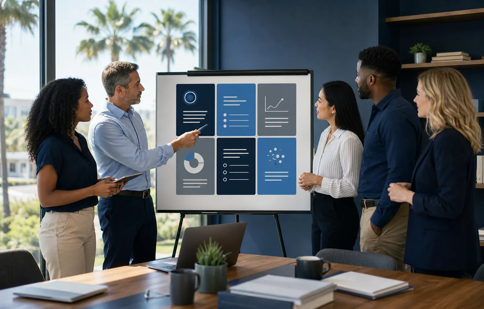 Office team reviewing a simple cybersecurity planning board in a bright Central Florida workplace