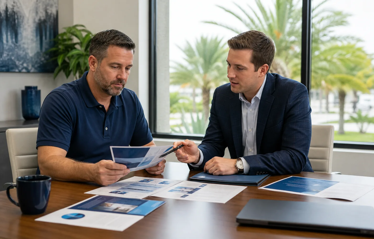 Office manager guiding an employee through secure account registration on a laptop