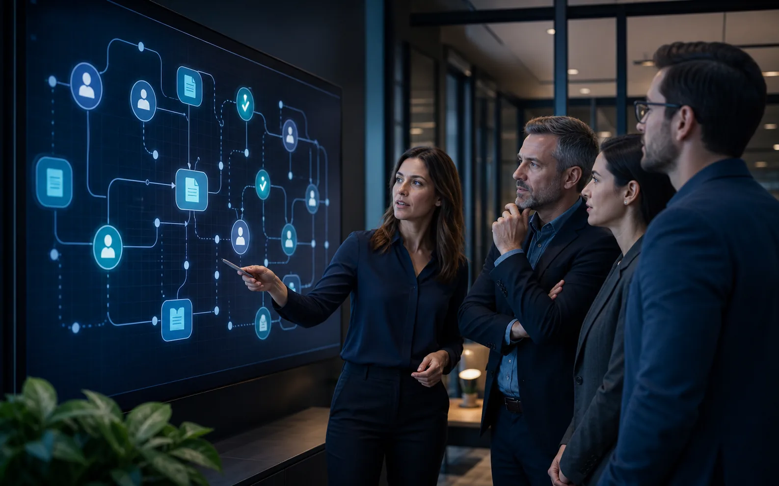 Office team reviewing an AI workflow and access permissions on a planning screen