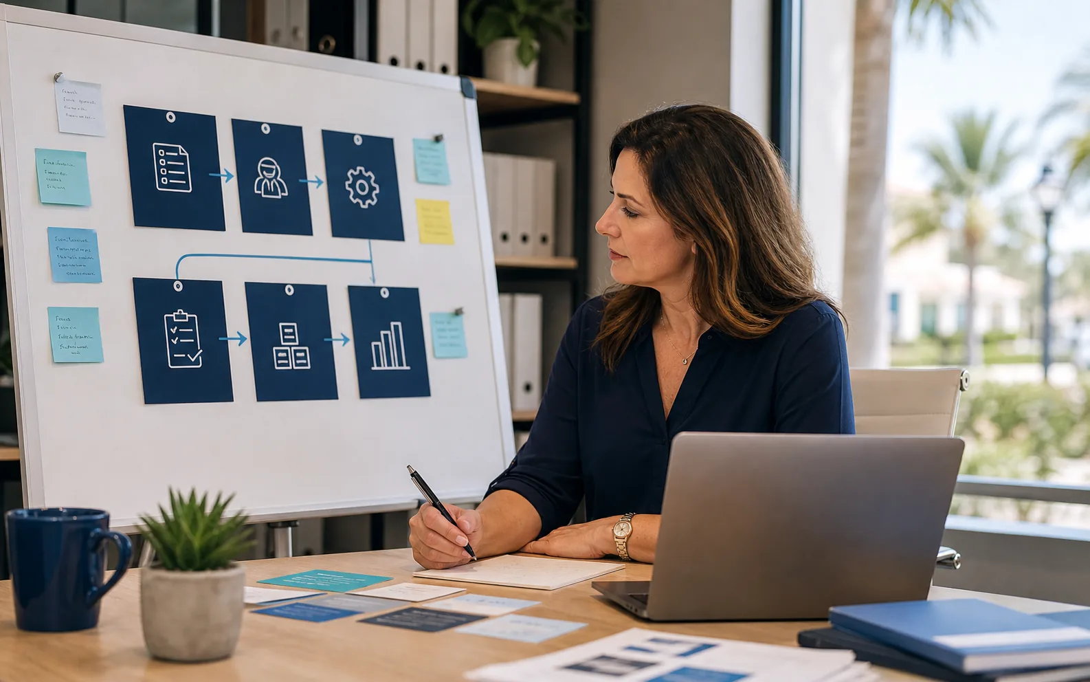 Office managers reviewing a clear operational plan beside a laptop and printed workflow cards