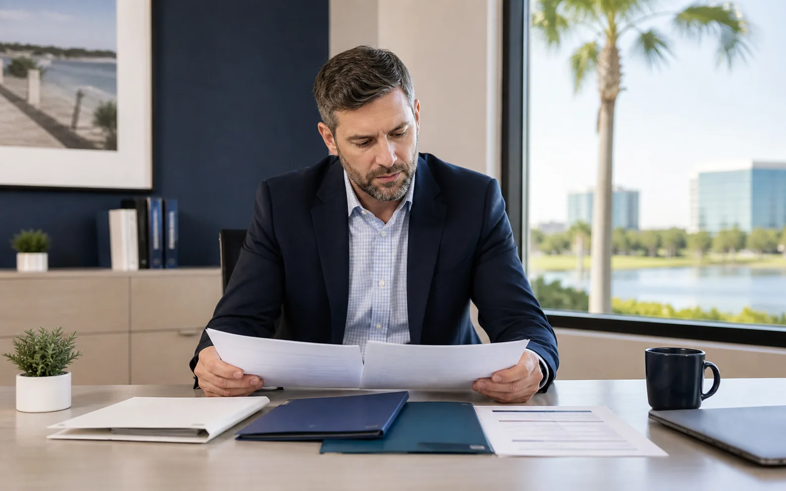 Central Florida business owner comparing verified cybersecurity resources on a desk