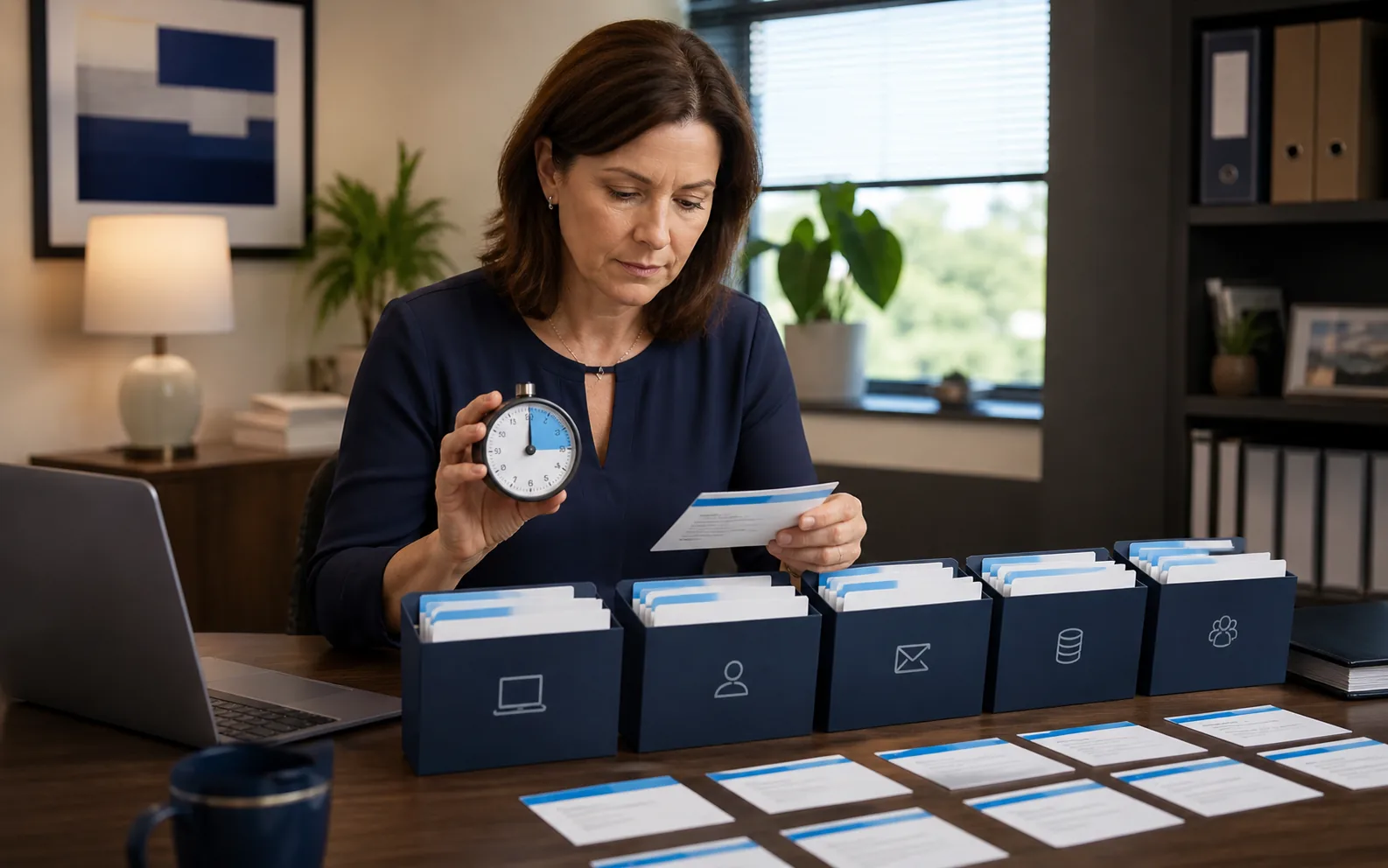 Office manager completing a timed cybersecurity evidence checklist beside a laptop