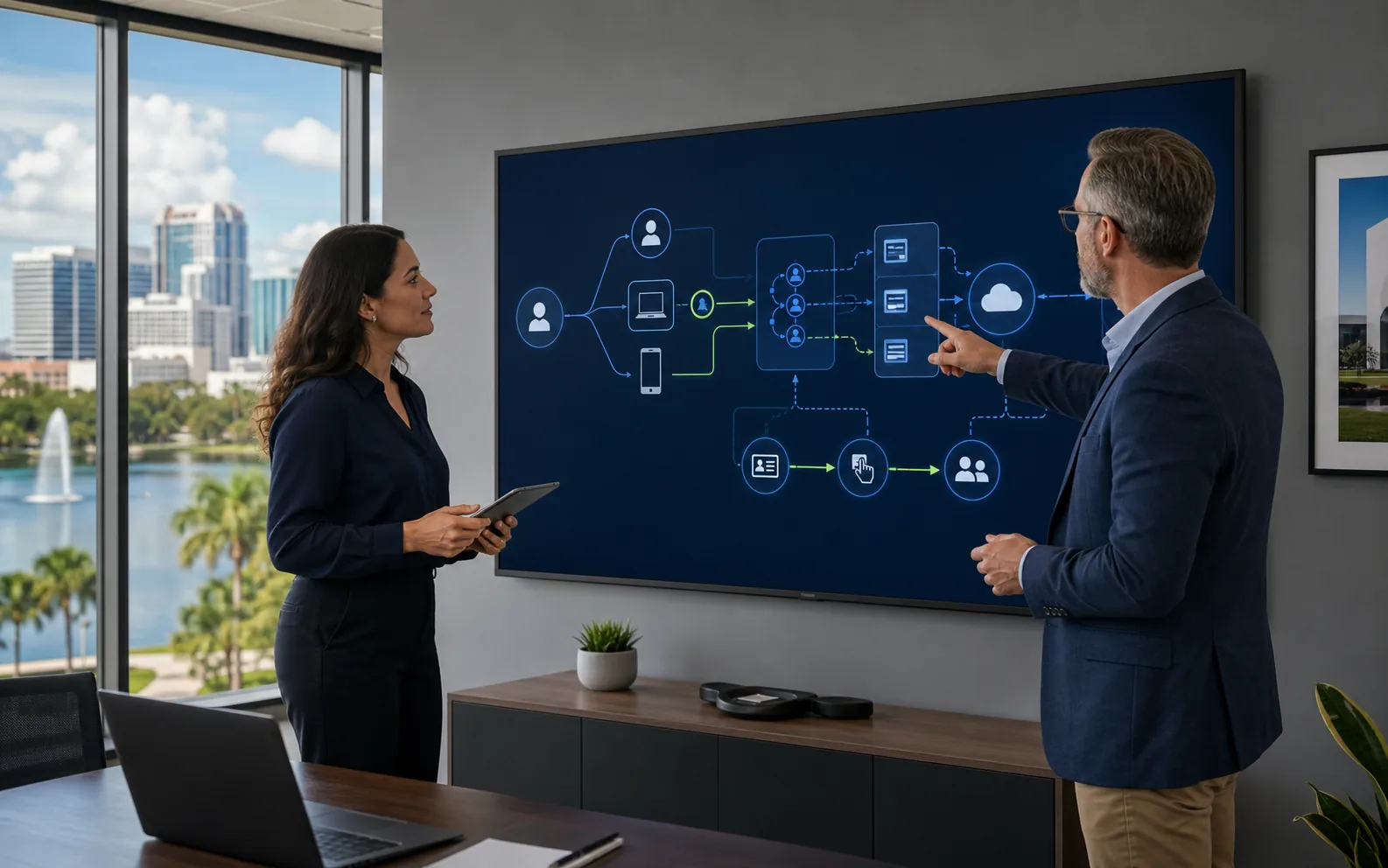 Office manager reviewing Microsoft 365 access roles and recovery steps on a laptop