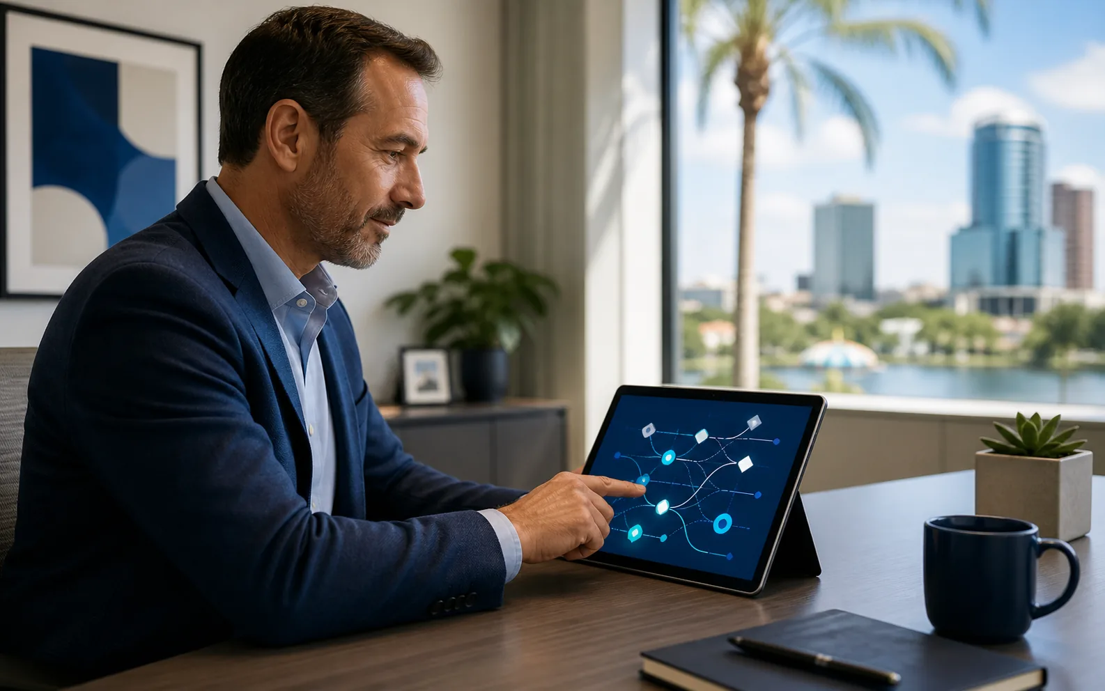 Central Florida business owner navigating a clear map of cybersecurity resources on a tablet