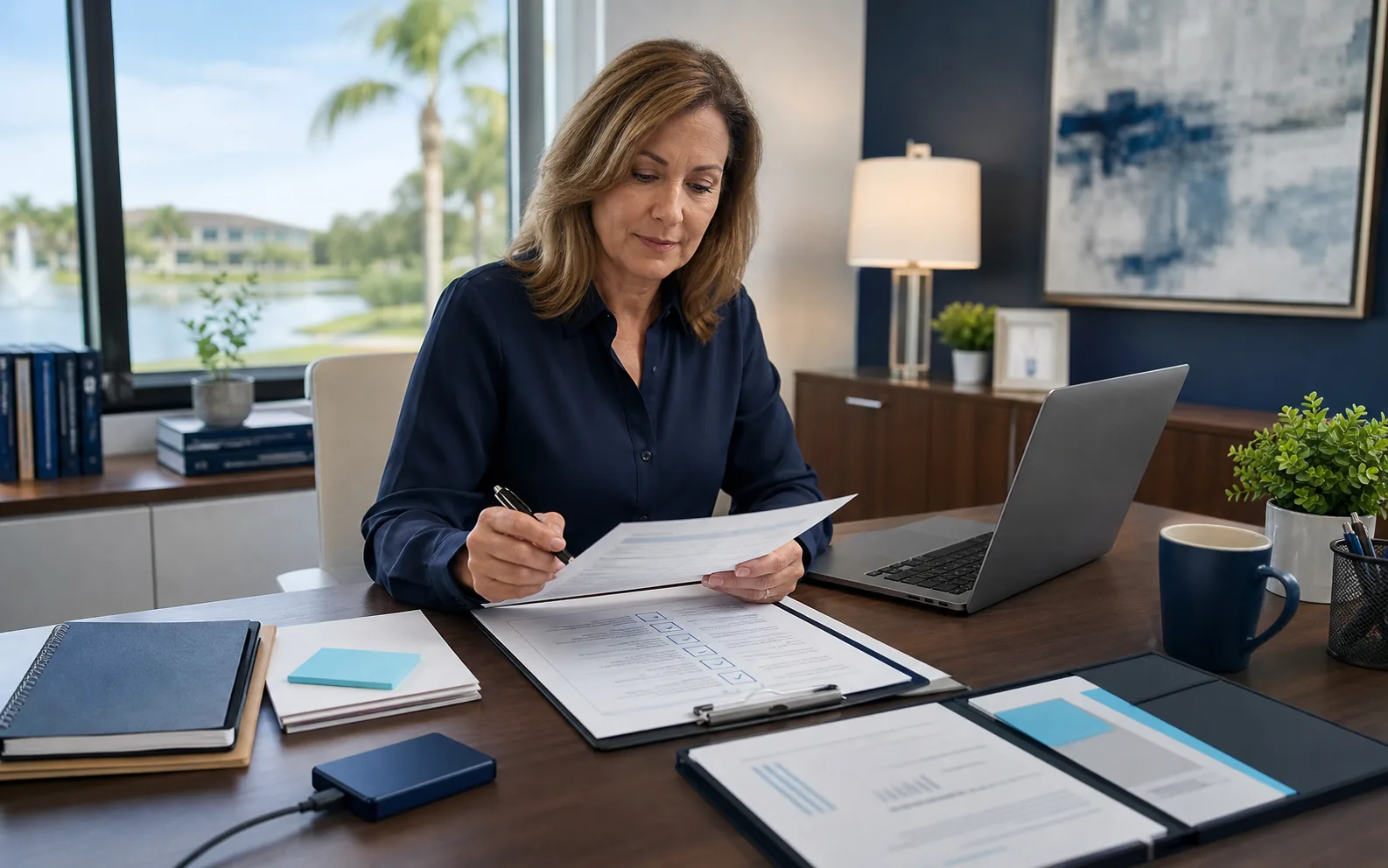 Office manager using a printed cybersecurity evidence checklist beside a laptop