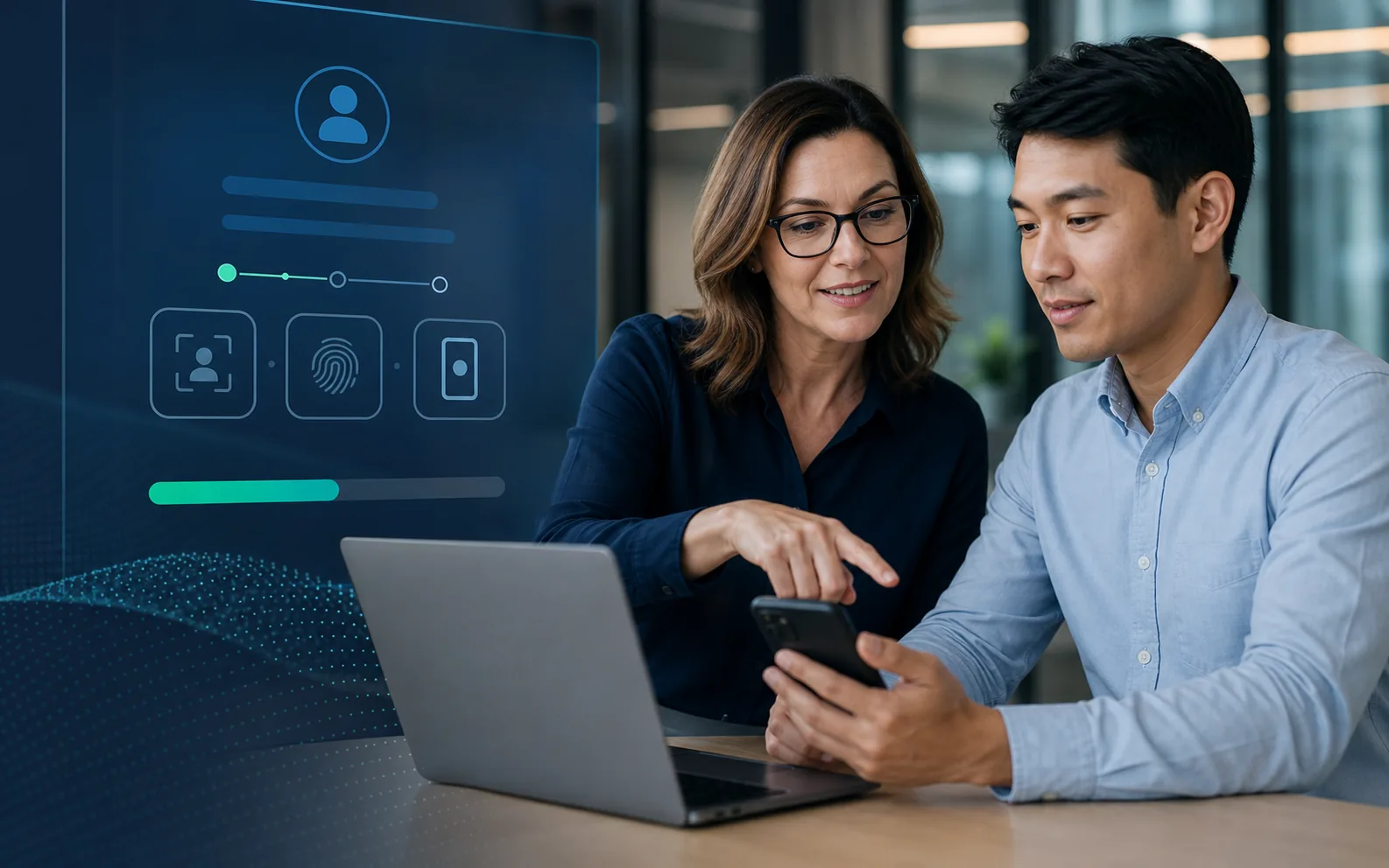 Office manager guiding an employee through a modern passkey registration process on a laptop