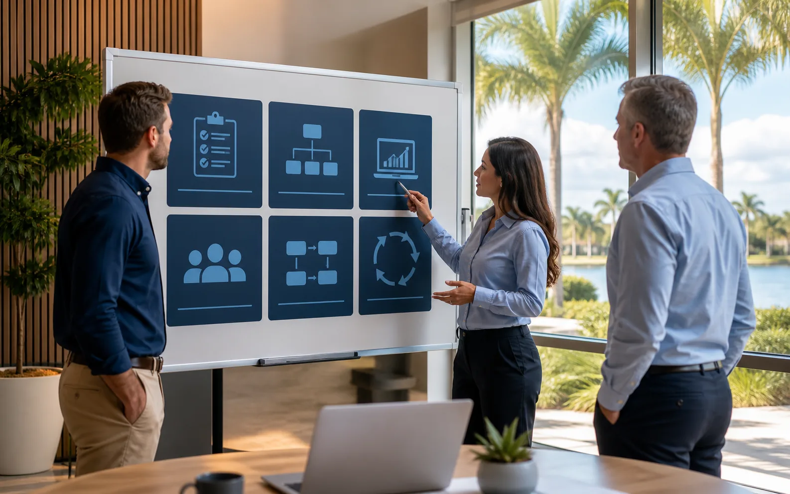 Office manager reviewing a six-part cybersecurity planning board with a small team