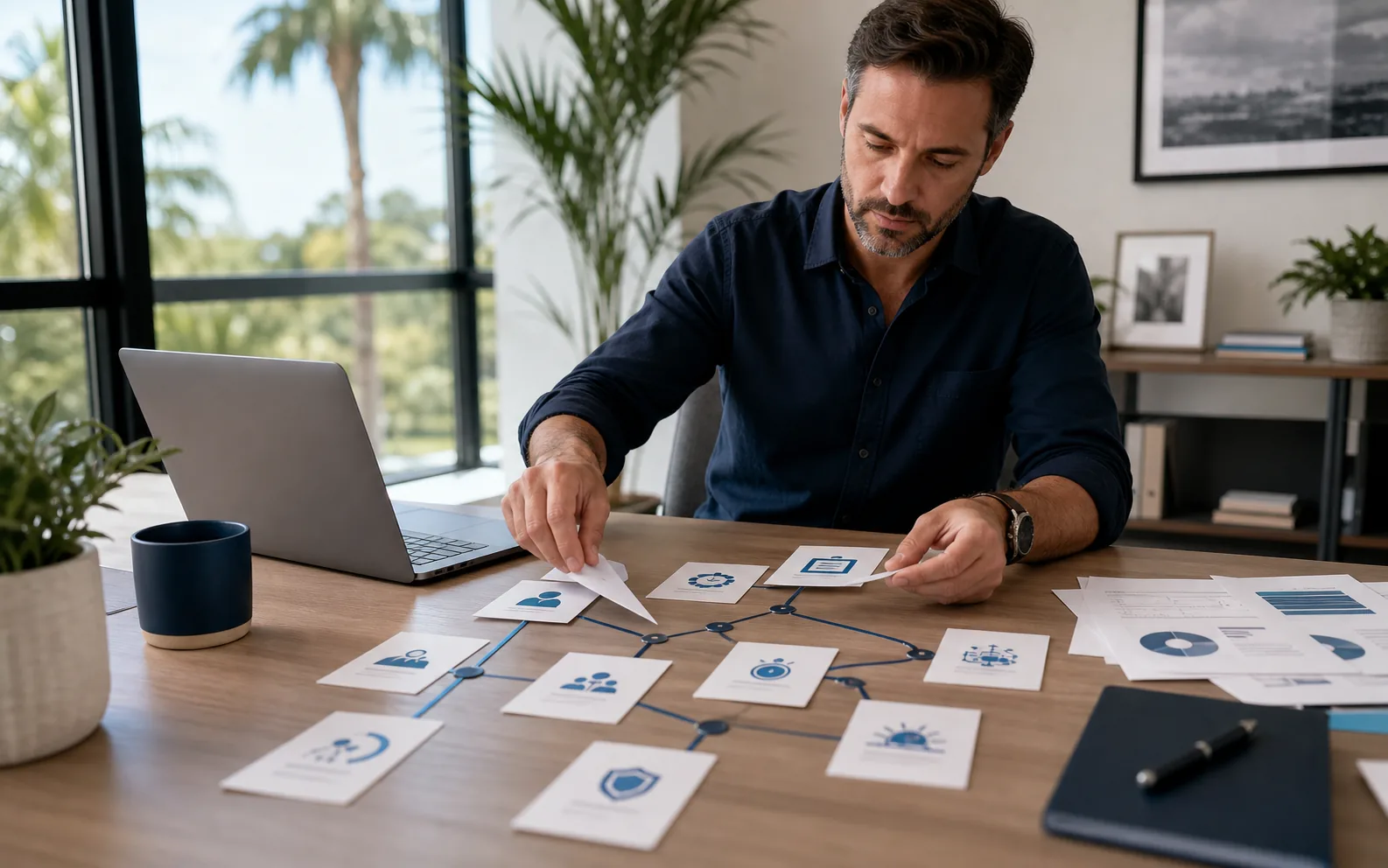 Central Florida business owner mapping cybersecurity resources with printed guidance and a laptop