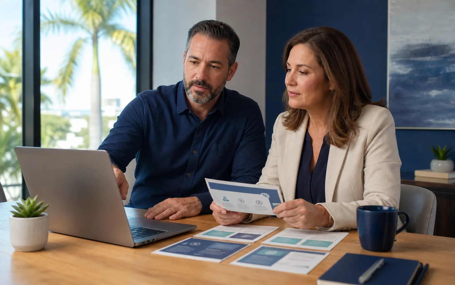Central Florida business owner reviewing a public cybersecurity resource page with an office manager