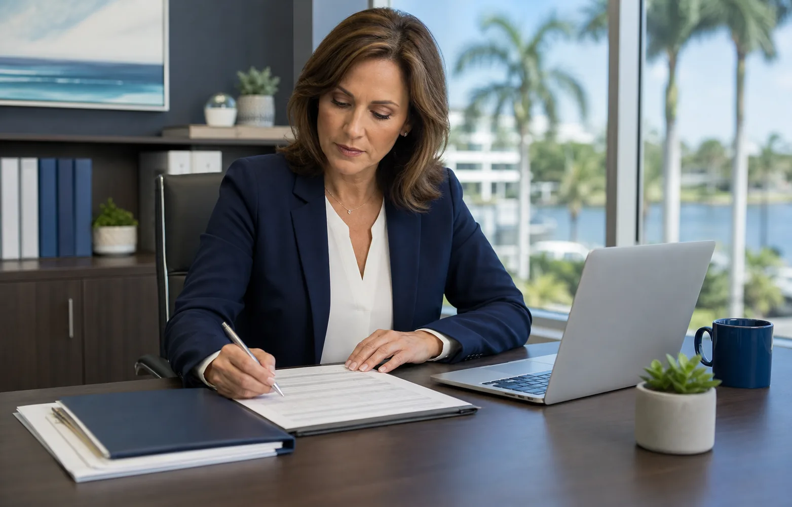 Office manager completing a vendor security review worksheet beside a laptop and contract folder