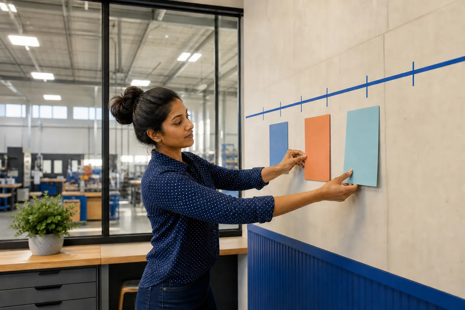 Business owner arranging colored milestones for a 90-day cybersecurity program