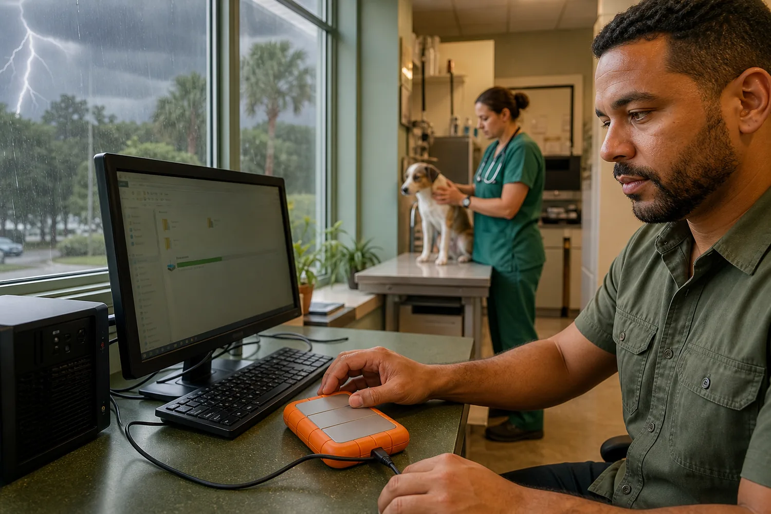 Veterinary clinic manager testing a protected backup during a thunderstorm
