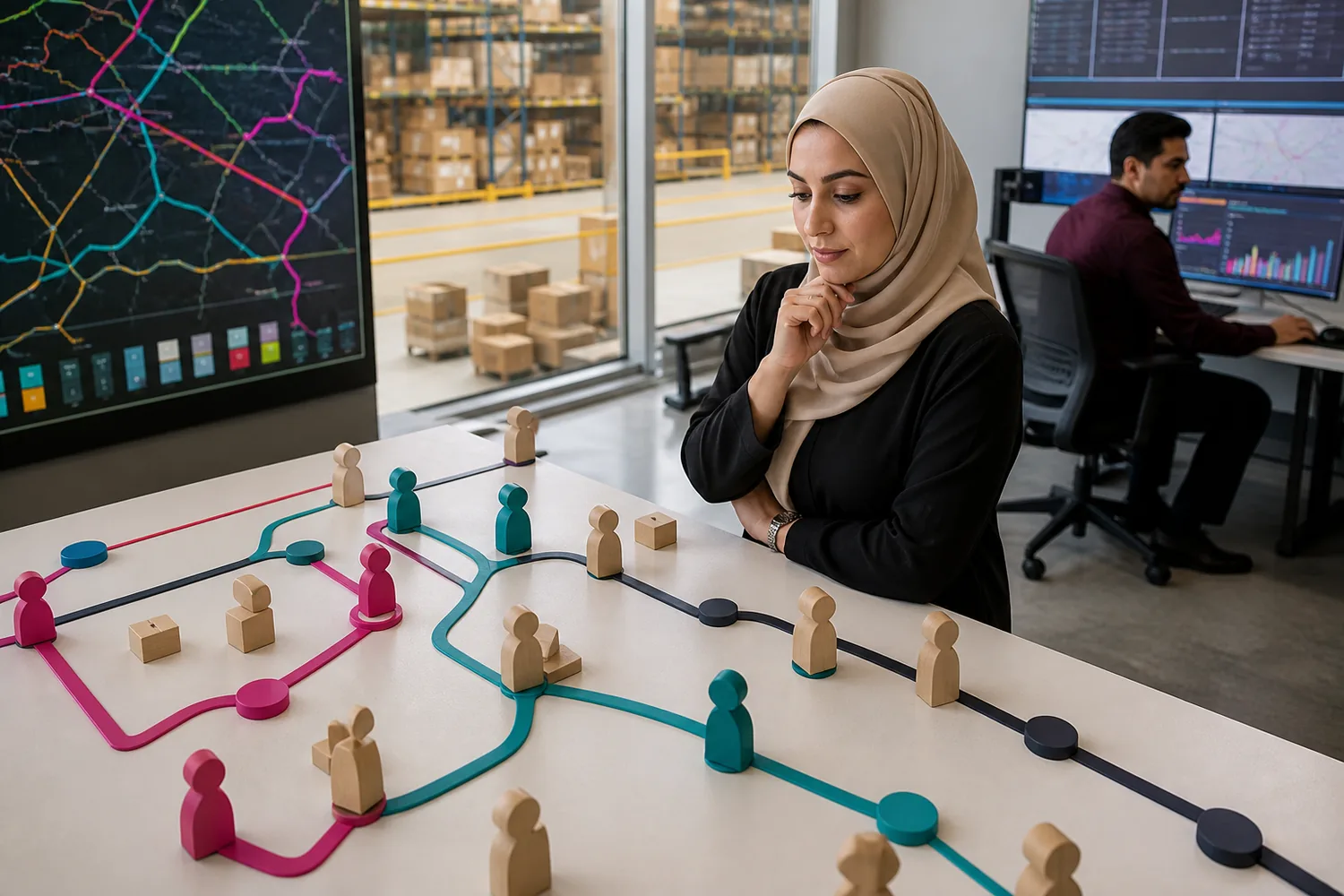 Operations director reviewing a physical model of connected business identities and workflows