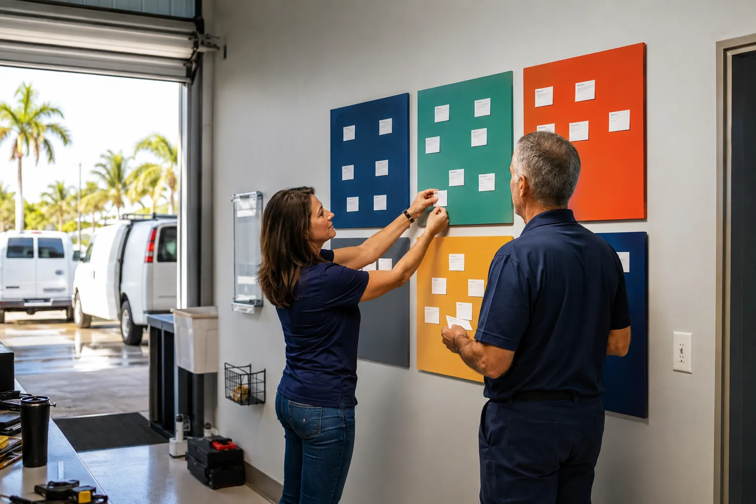 Central Florida service-company managers organizing a six-part cybersecurity planning wall