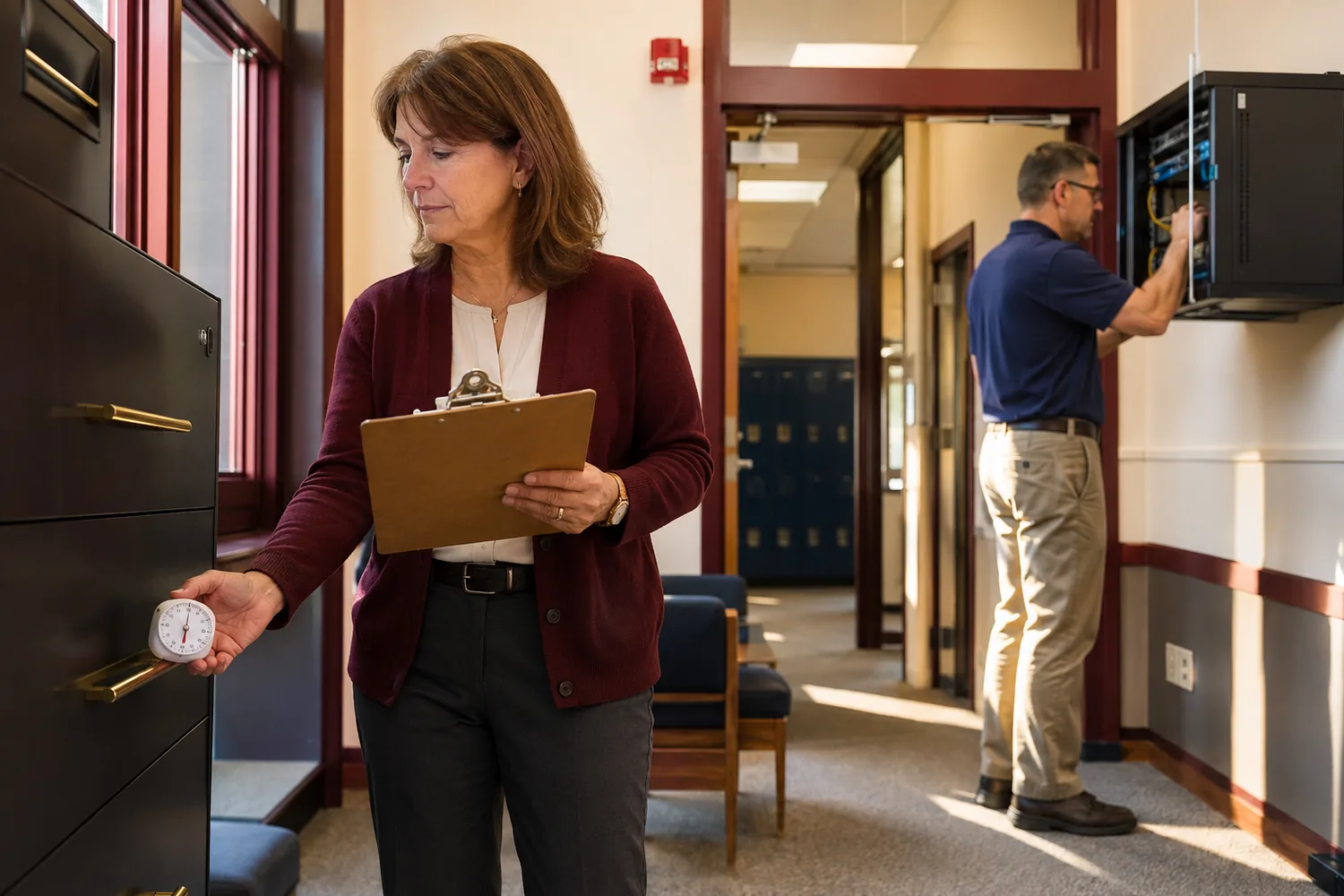 U.S. school administrator and IT technician performing a timed office security walkthrough