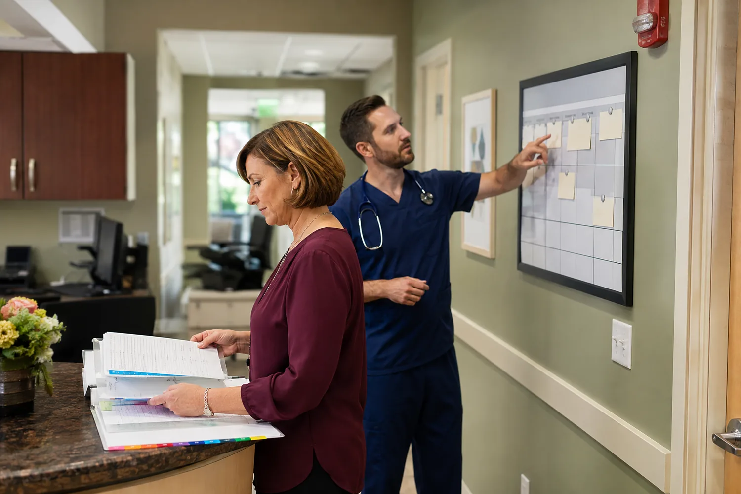 U.S. medical-practice administrator reviewing HIPAA security documentation with a clinician