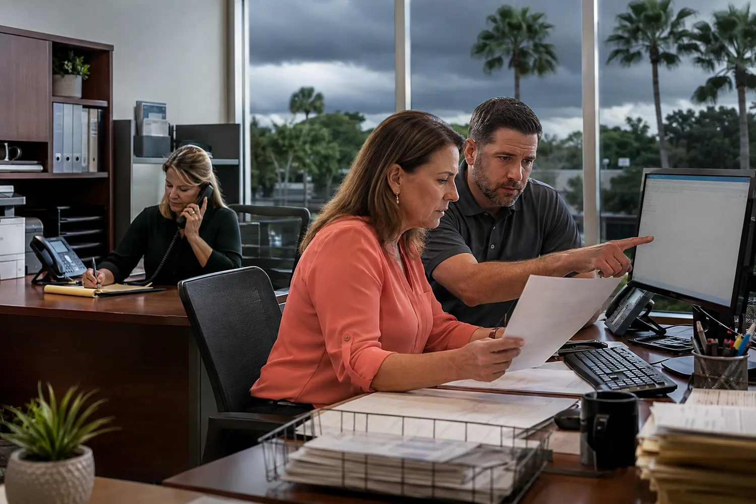 Central Florida financial-office team examining a suspicious email through layered verification