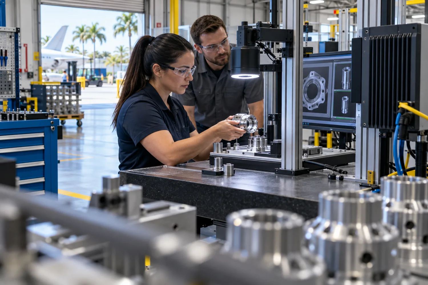 Central Florida manufacturing team verifying an edge AI inspection device before production use