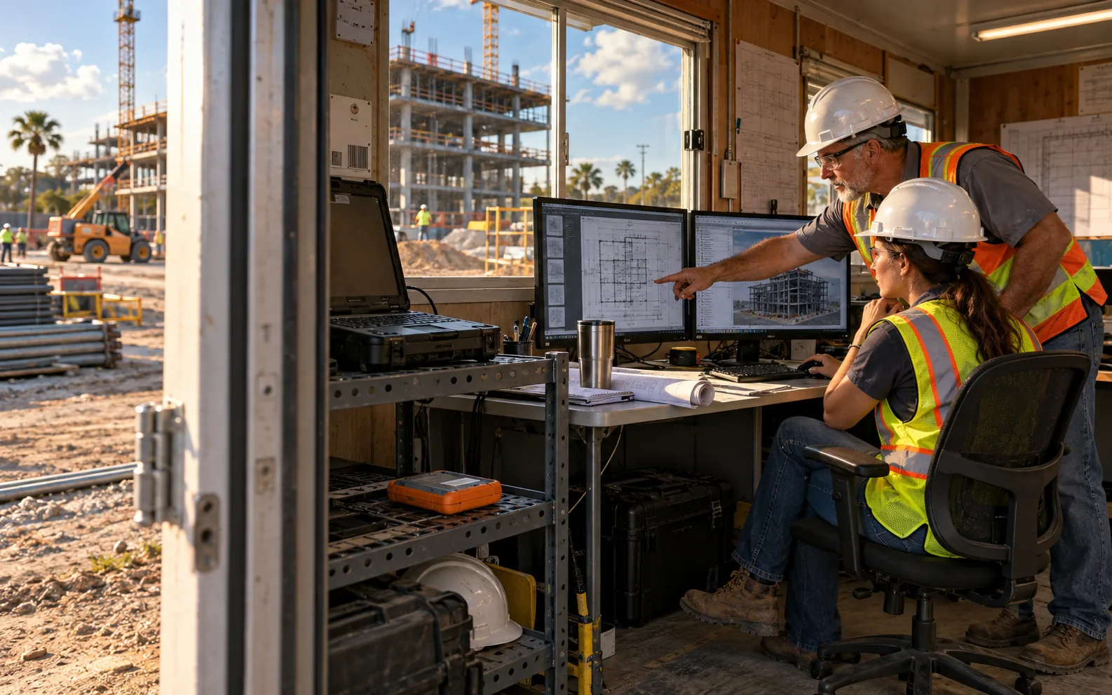 Central Florida construction operations team validating restored project files in a jobsite trailer