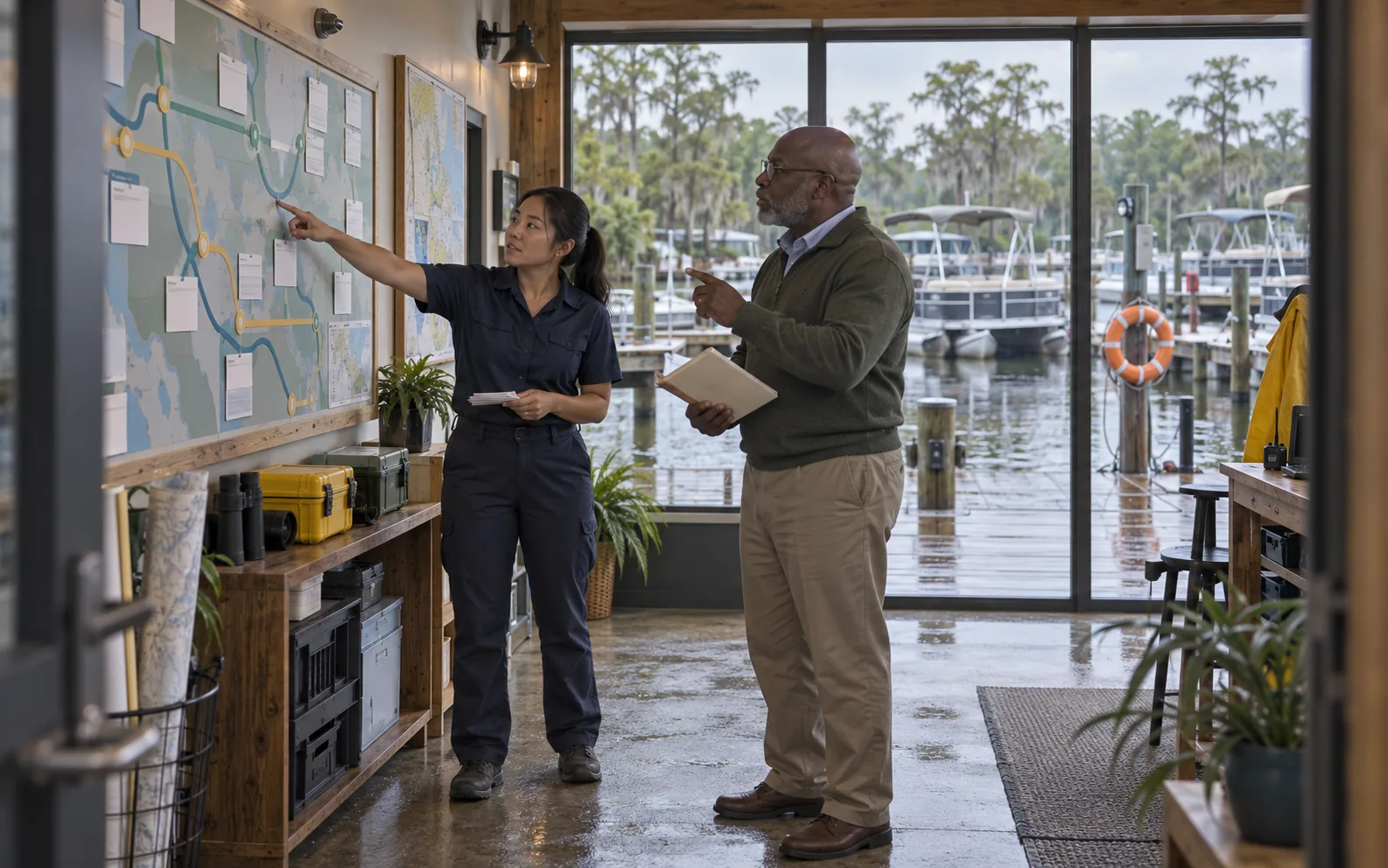 Central Florida marina director and county liaison reviewing official cybersecurity resource routes