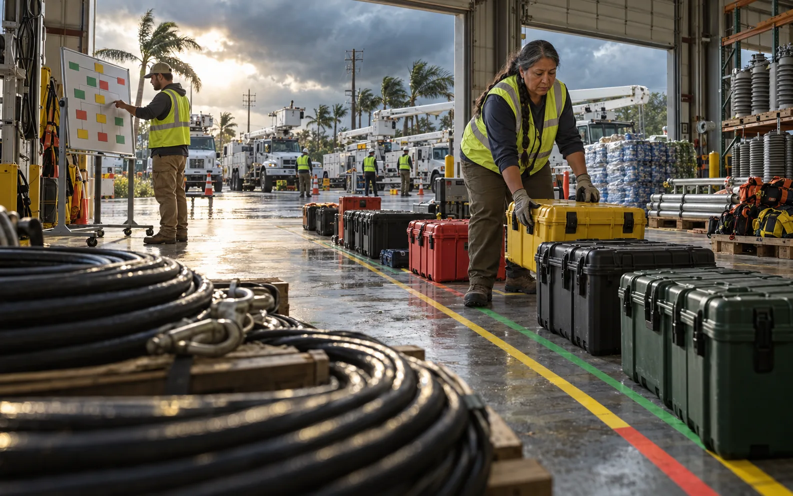 Central Florida utility contractor staging clean recovery equipment according to a restoration priority map
